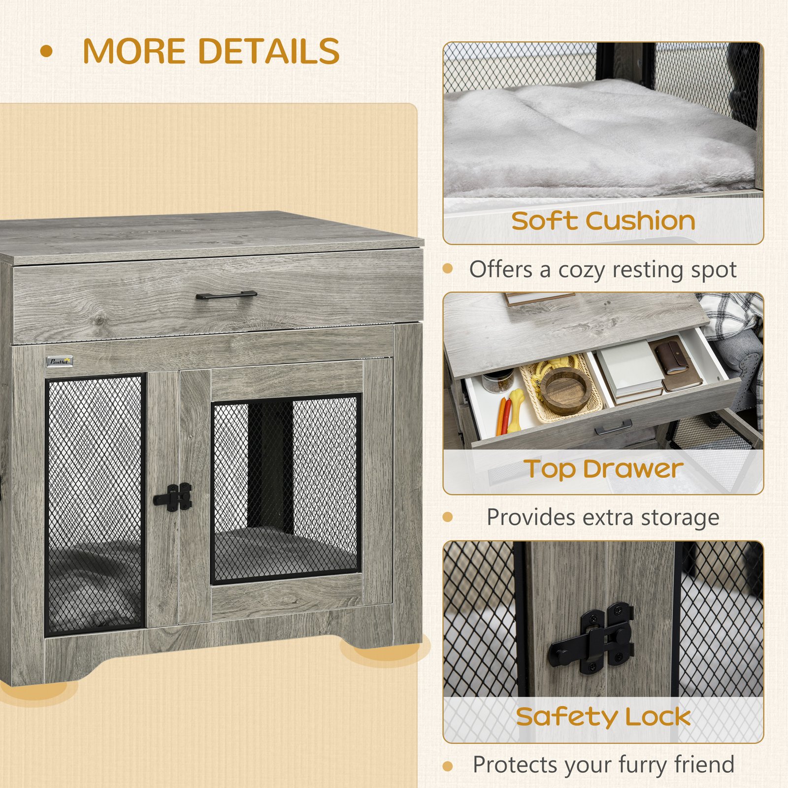 Dog Cage End Table with Two Doors, Drawer, for Medium Dogs - Grey - Image 6
