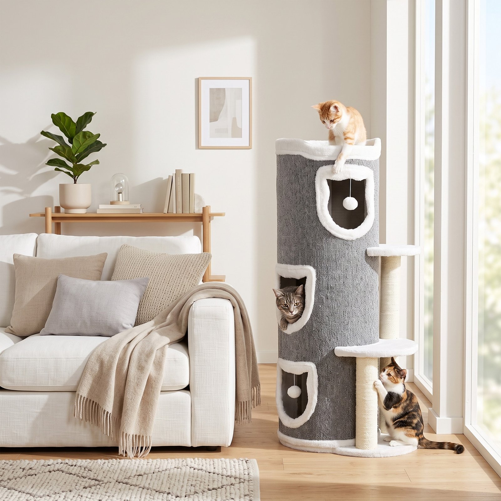101 cm Cat Tree with Sisal Scratching Posts, 3 Barrel Condos, 3 Platforms, for Indoor Cats to Rest and Play