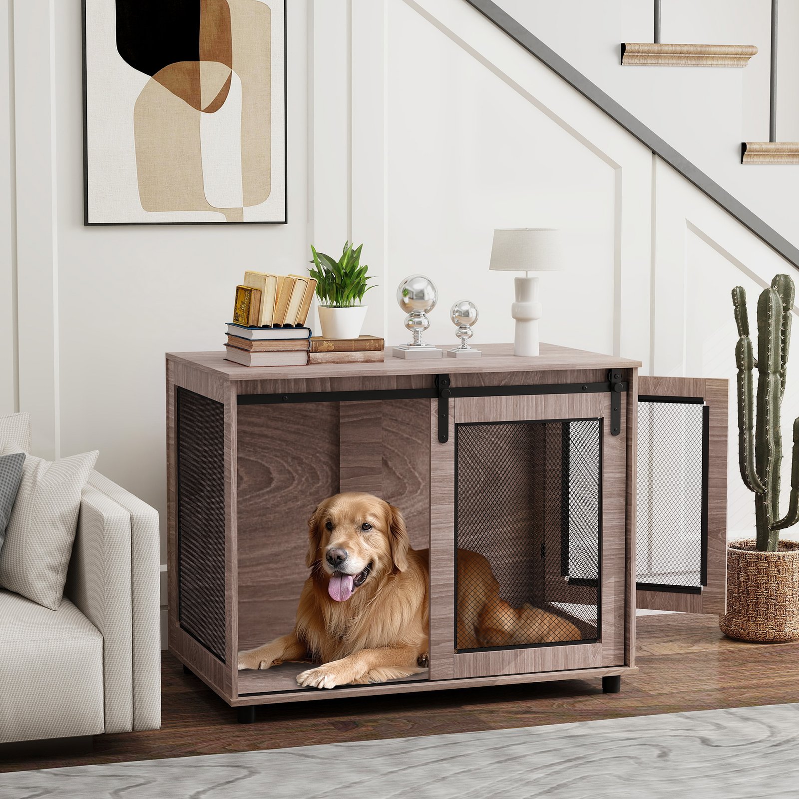 Dog Crate Furniture with Sliding Door for Large Dogs, Walnut Brown - Image 9