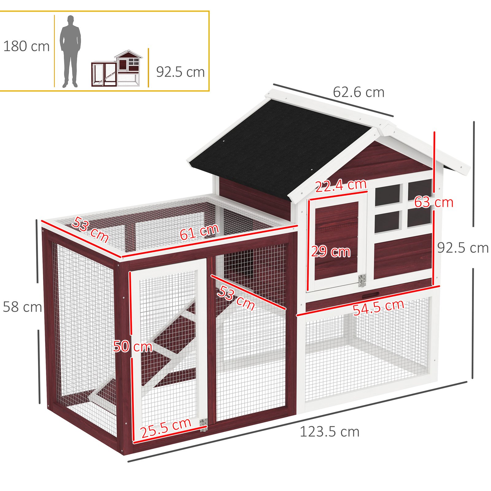 Rabbit Hutch Outdoor Wooden Guinea Pig Hutch Rabbit Run Bunny Cage Small Animal House Pull-Out Tray, Brown, 124 x 63 x 93 cm - Image 3