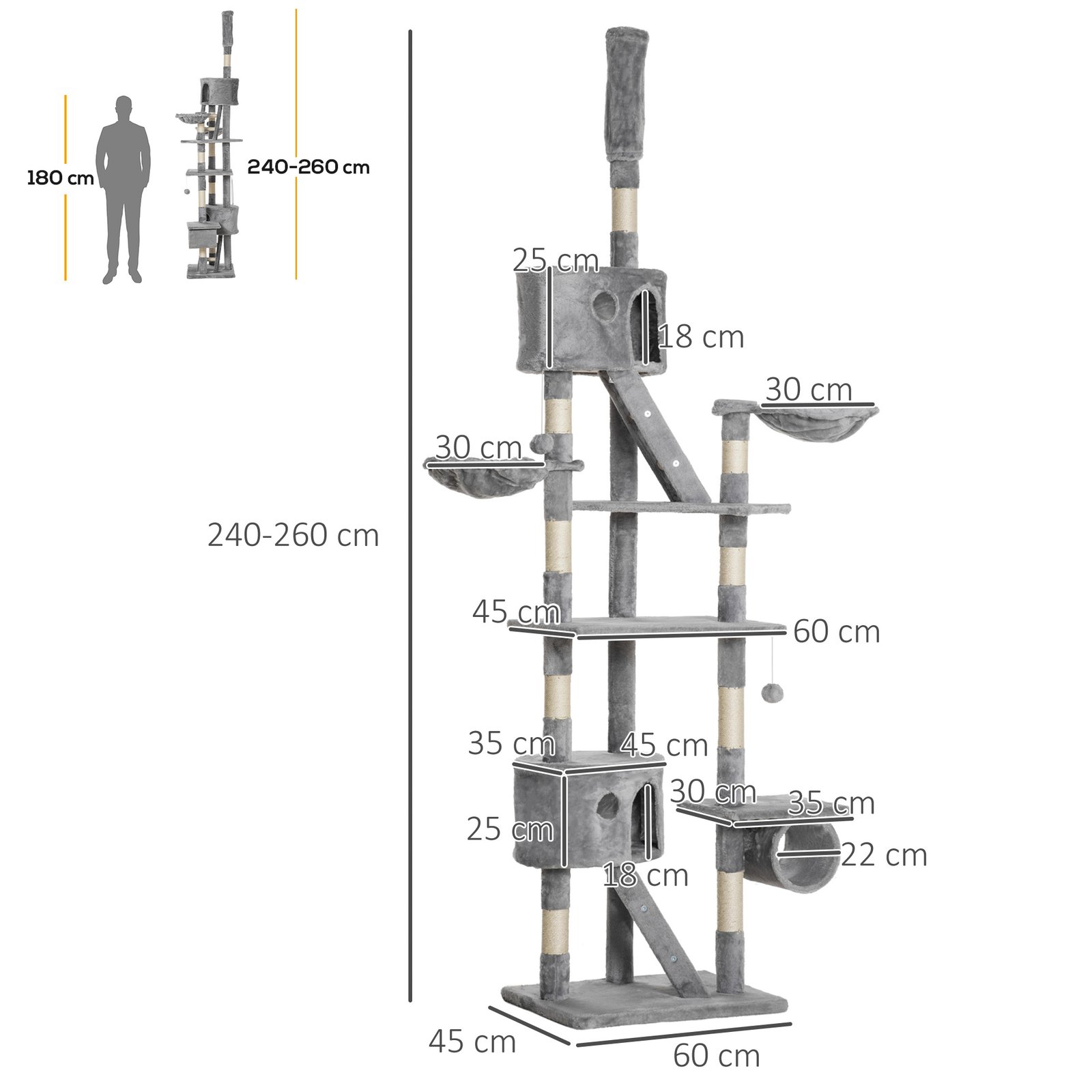 Floor to Ceiling Cat Tree for Indoor Cats, 240-260cm, Adjustable Height - Light Grey - Image 3