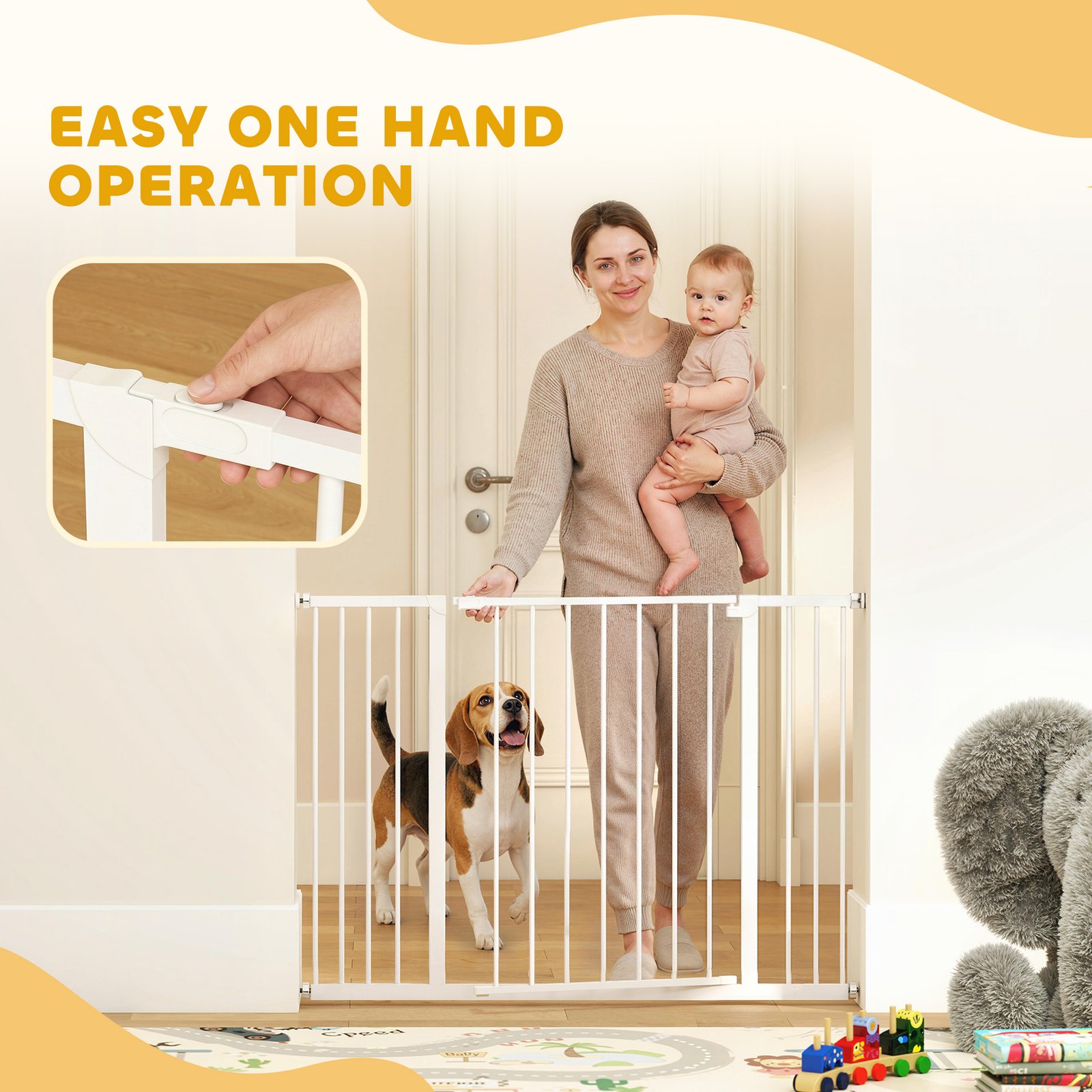 Dog Gate Pet Safety Gate Stair Barrier Pressure Mount Adjustable 76-82/86-97/101-107 cm, White - Image 7