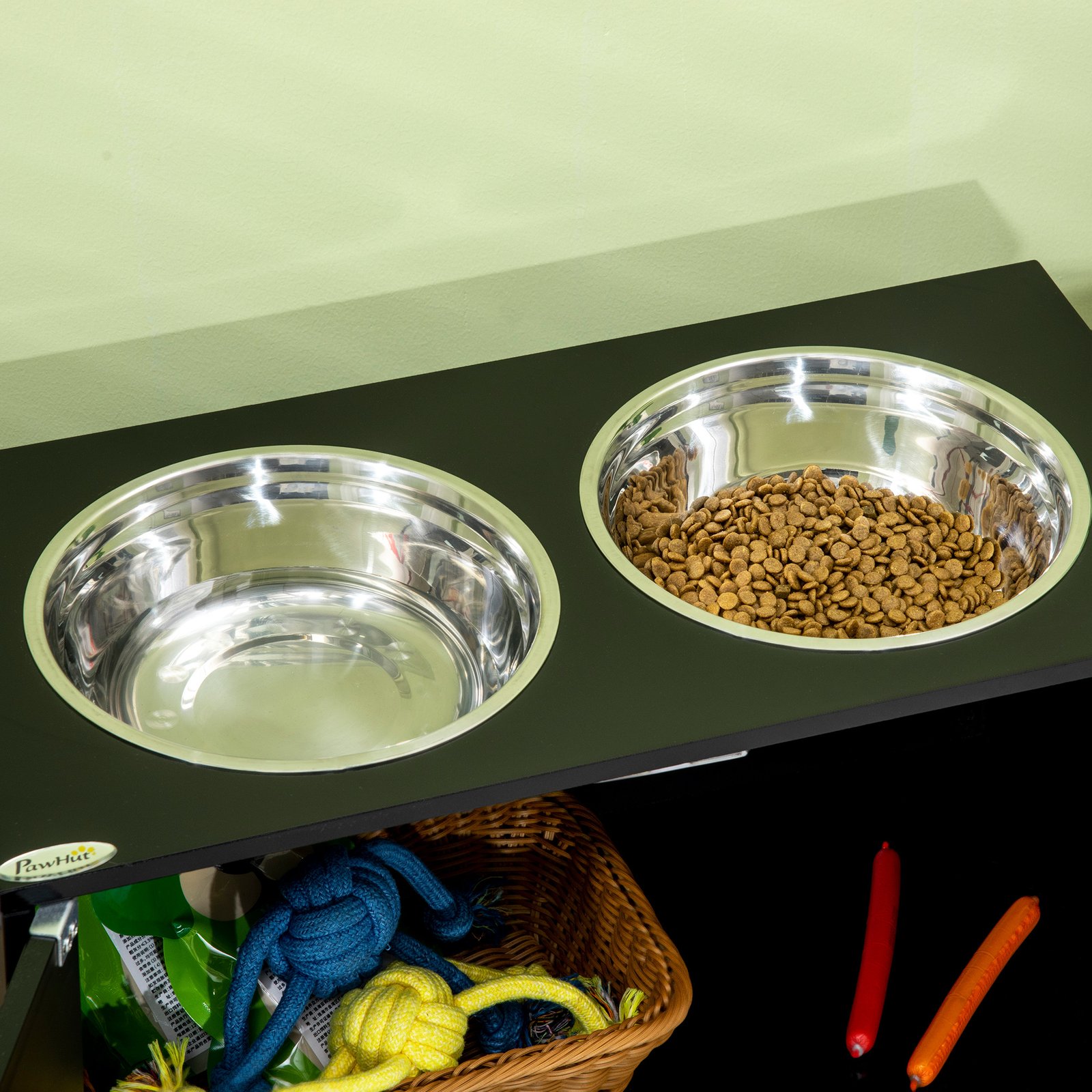 Raised Pet Feeder, with Two Bowls, Storage - Black - Image 8