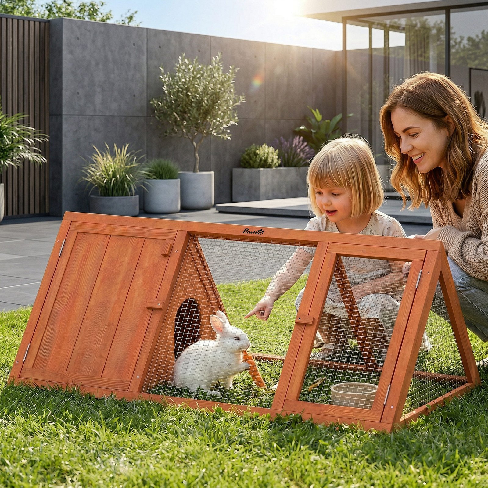 Rabbit Hutch, Wooden Guinea Pig Hutch with Run and Doors, Outdoor Triangle Bunny House for Rabbits,Duck and Chicken - Image 9