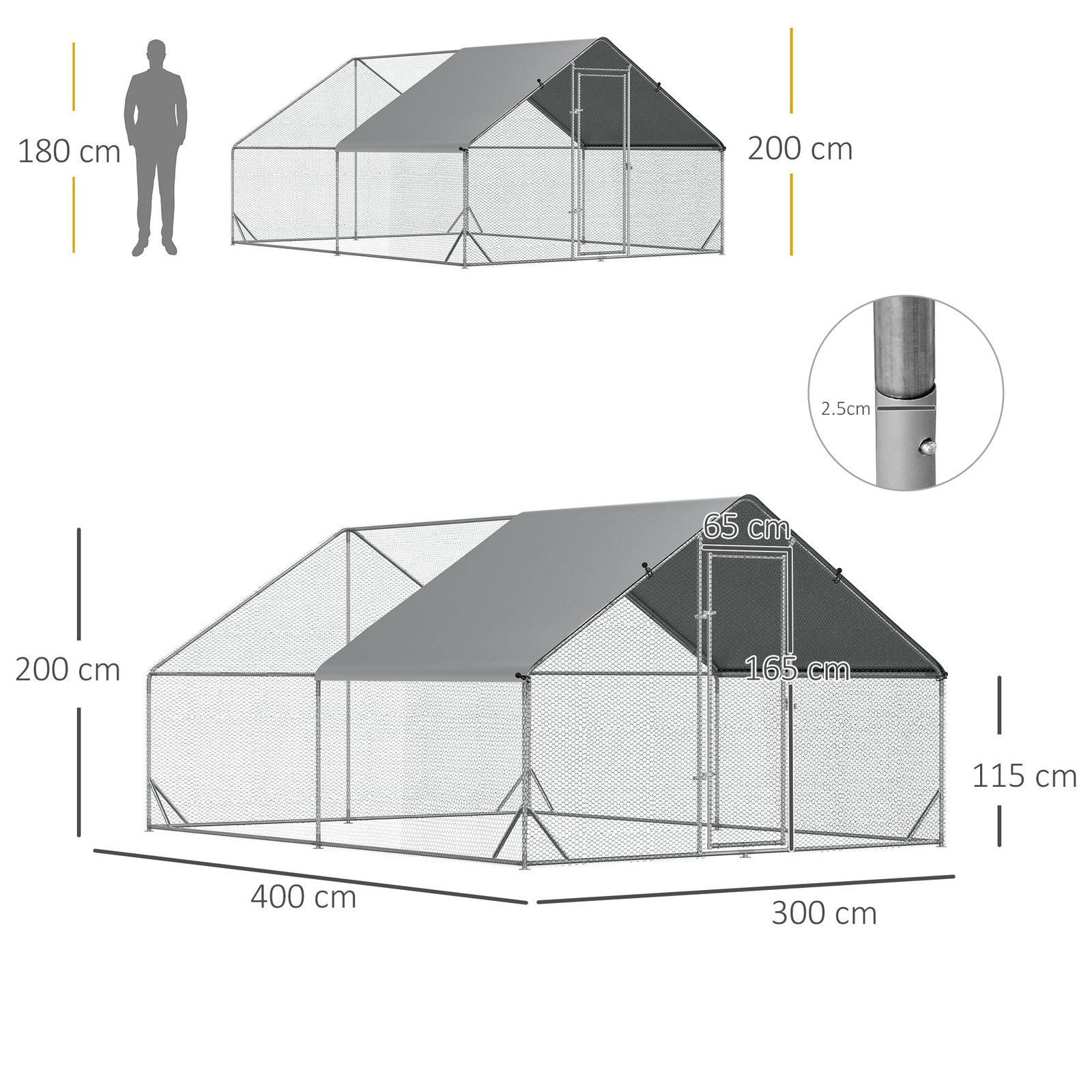 Chicken Walk-in Run, Galvanised Chicken Coop, Hen Poultry House Cage, Rabbit Hutch Pet Playpen Garden w/ Water-Resist Cover, 3 x 4 x 2m - Image 3