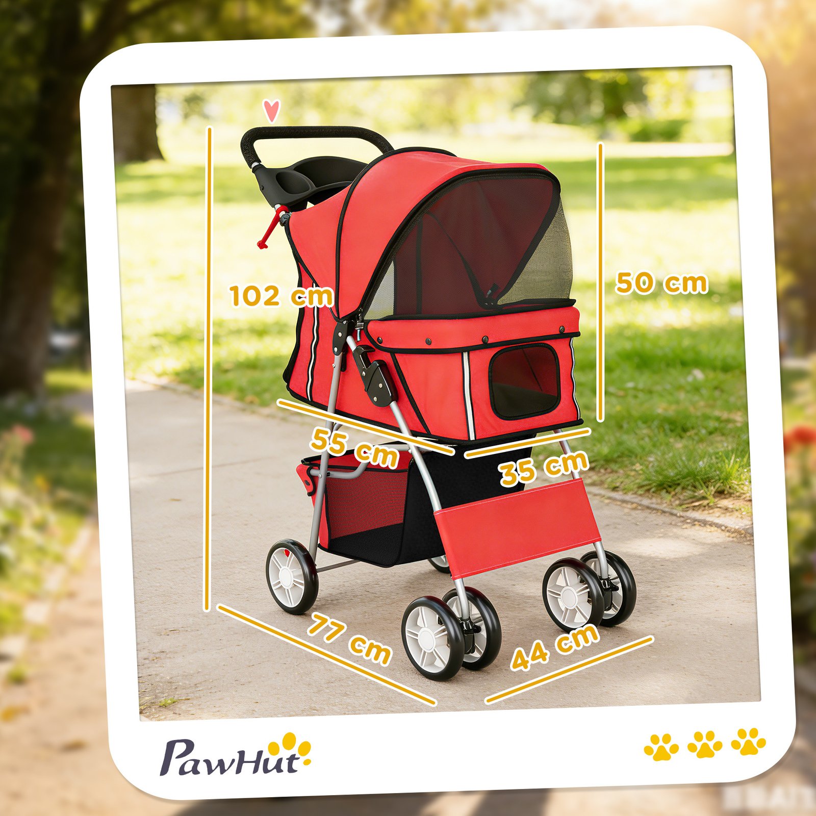 Dog Pram, Pet Stroller with Reflective Strips, Foldable Cat Stroller with 360° Swivel Wheels, Red - Image 3