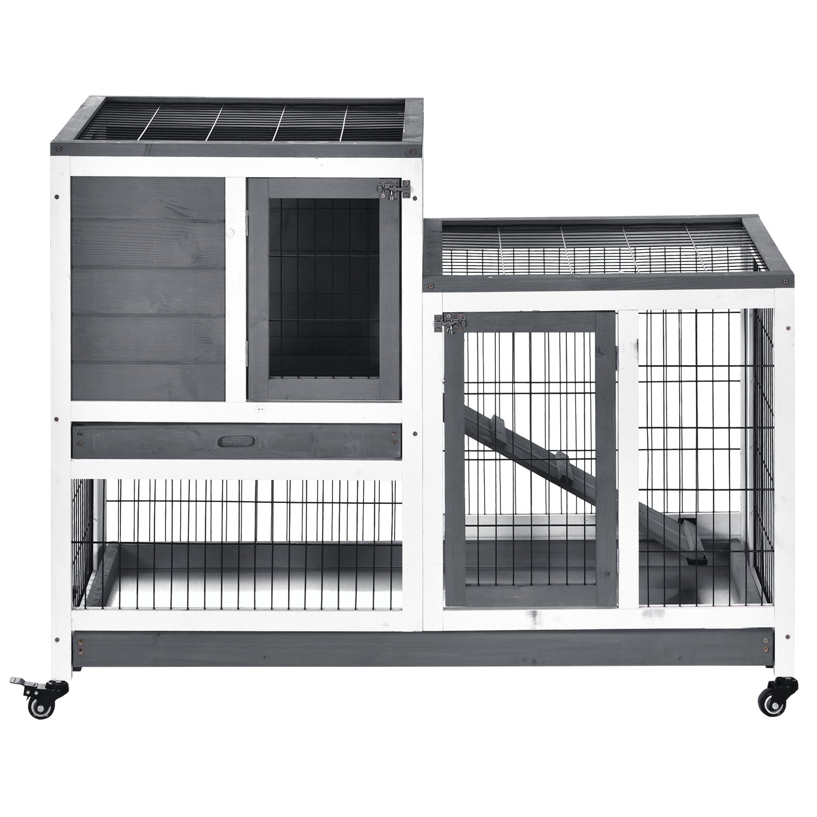 Wooden Indoor Rabbit Hutch Guinea Pig House Bunny Small Animal Cage W/ Wheels Enclosed Run 110 x 50 x 88 cm, Grey - Image 7