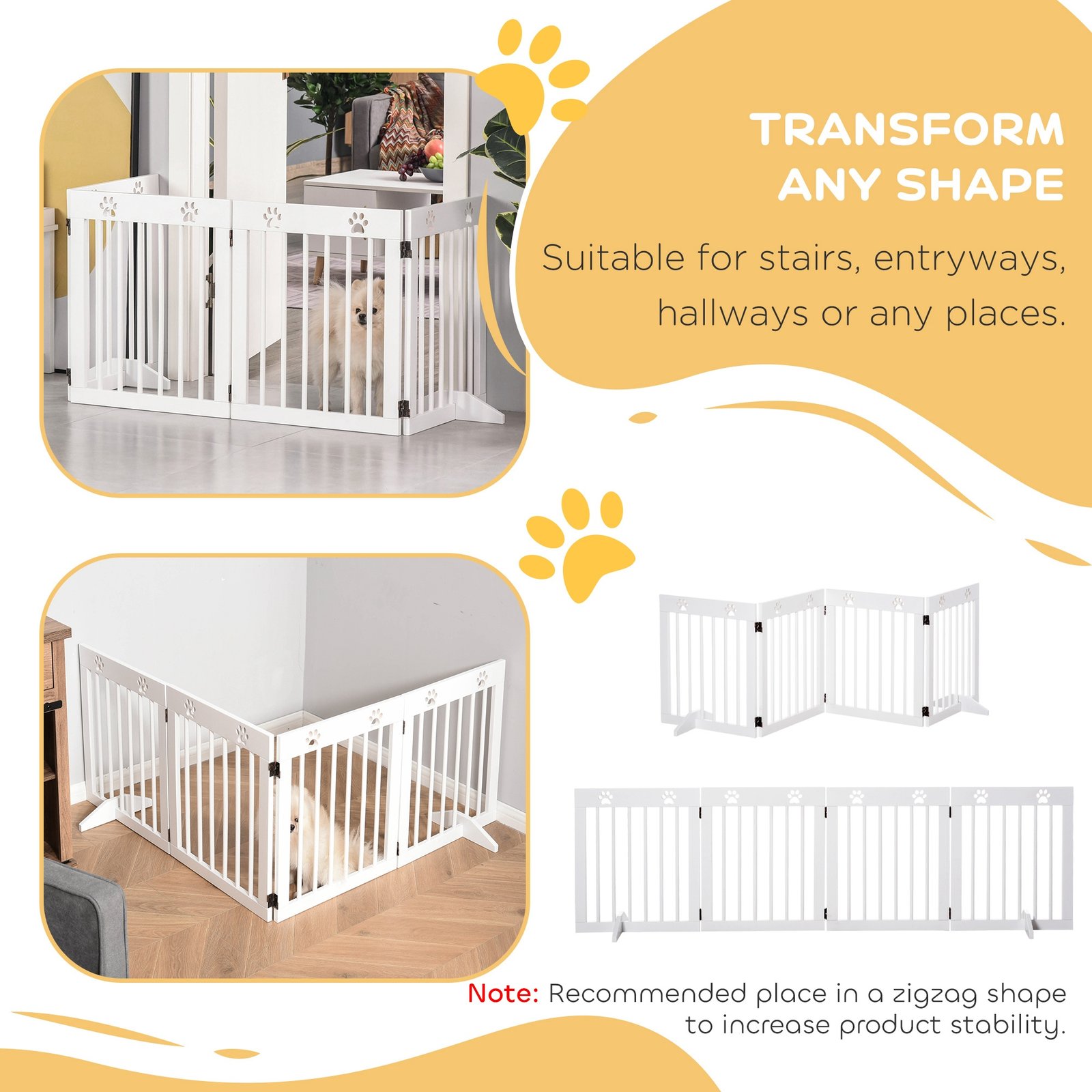 Freestanding Pet Gate 4 Panel Wooden Dog Barrier Folding Safety Fence with Support Feet up to 204cm Long 61cm Tall for Doorway Stairs White