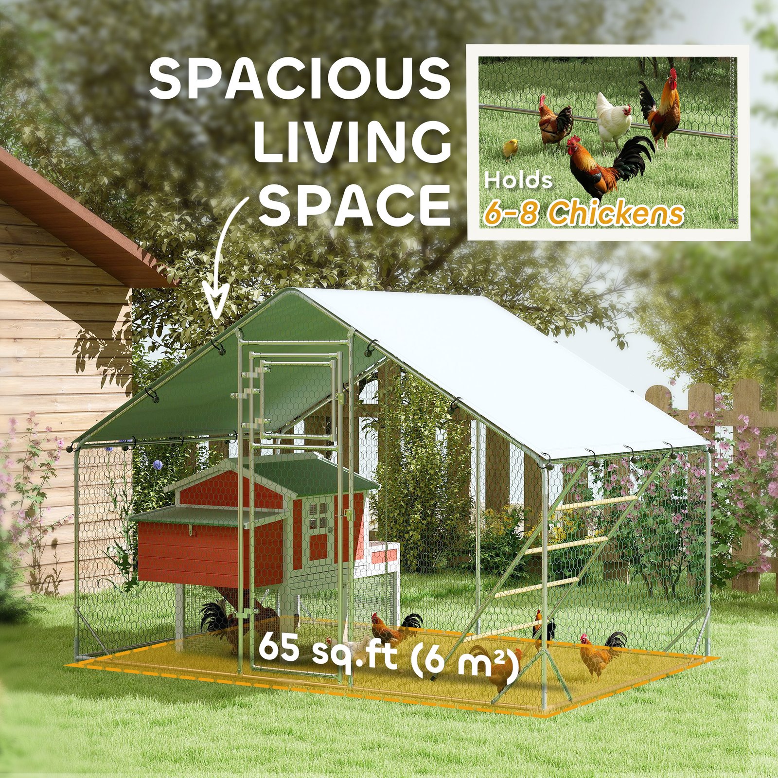 Walk-in Chicken Run with Cover, Feeding Door, Hanging Feeder, Perch, for 6-8 Poultry - Image 4