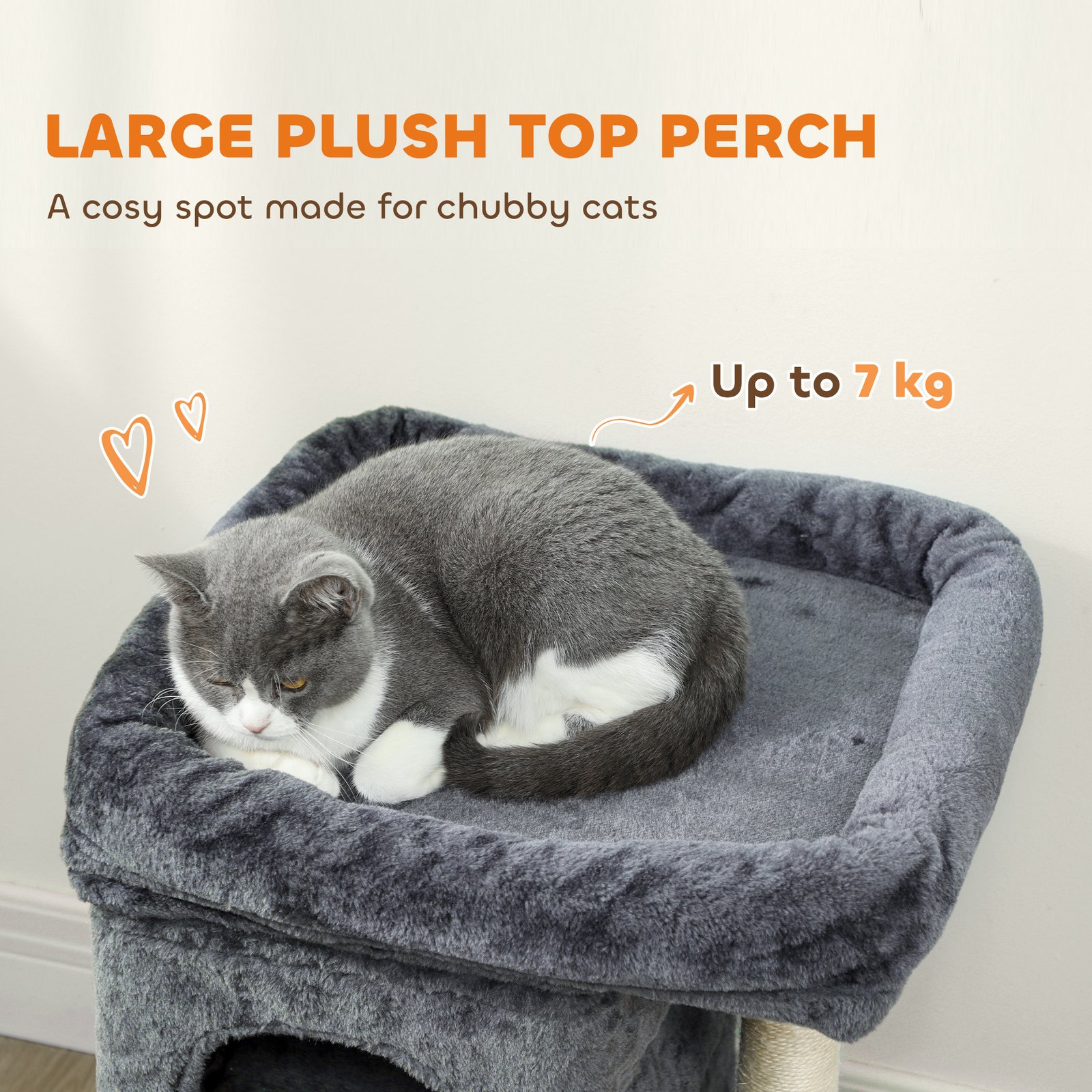 66 cm Small Cat Tree for Large Cats, Cat Tower w/ Large Top Perch, 2 Condos, Sisal Scratching Post, Toy Ball, Dark Grey