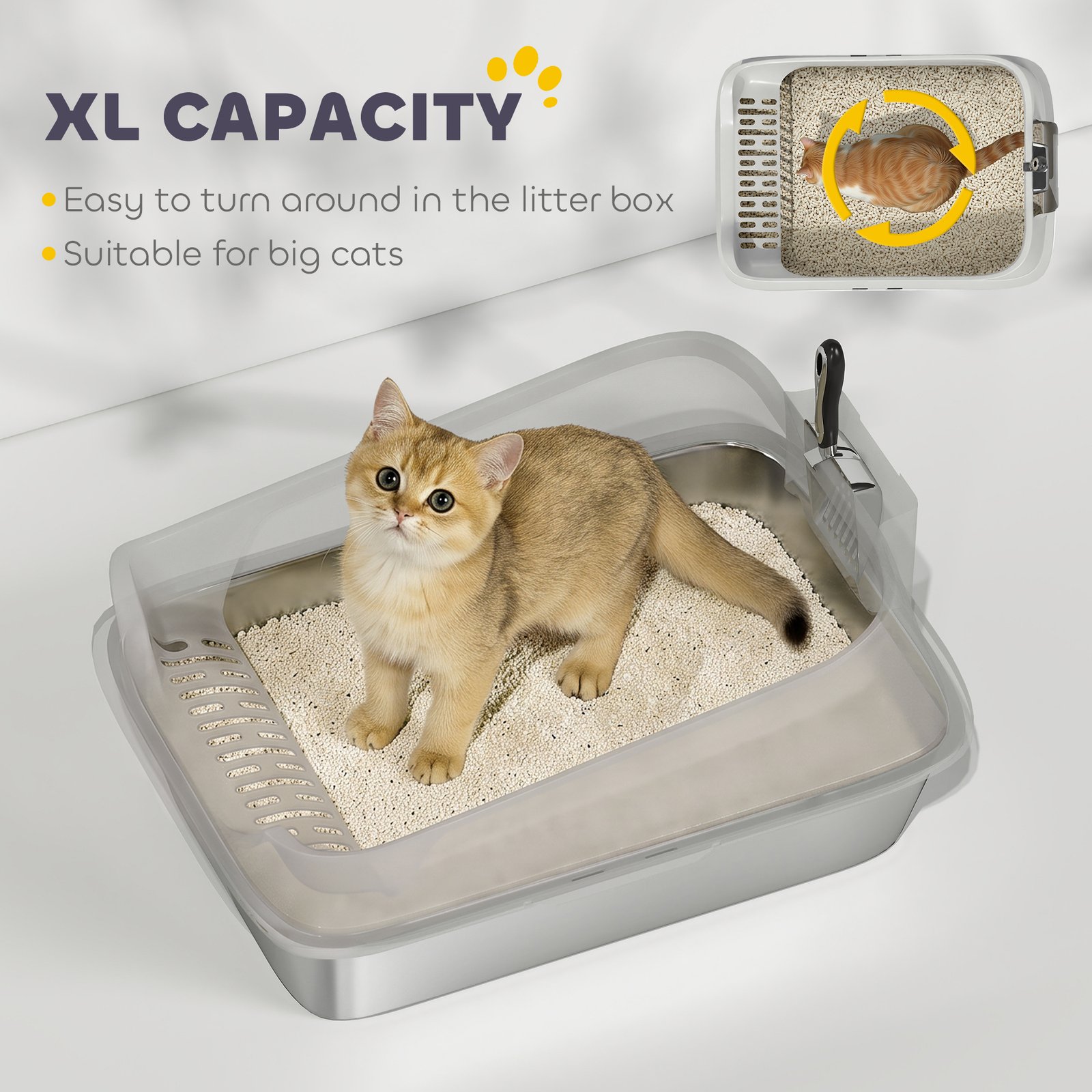 XL Stainless Steel Cat Litter Box with High Sides, Metal Scoop, 60 x 40 x 30 cm