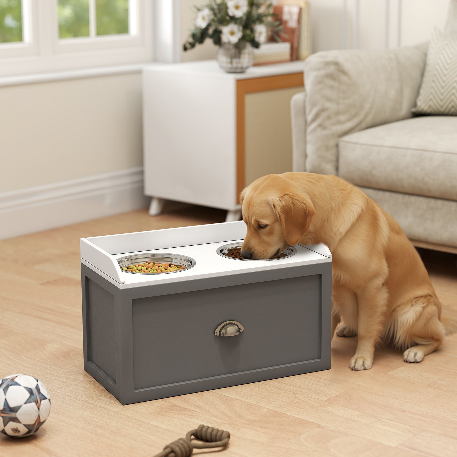 Stainless Steel Raised Dog Bowls, with 21L Storage Drawer for Large Dogs - Grey - Image 9