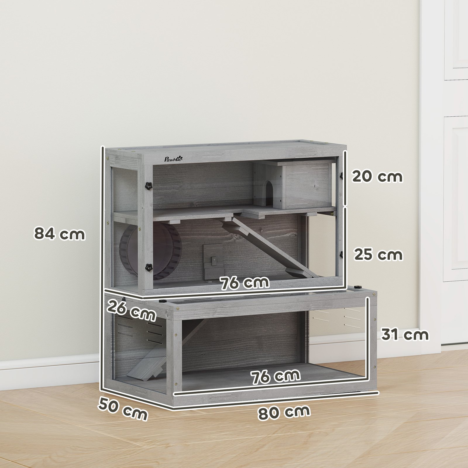 Wooden Hamster Cage with Hut, Wheel, Ramps, Removable Viewing Panels, 80 x 50 x 84 cm, Grey