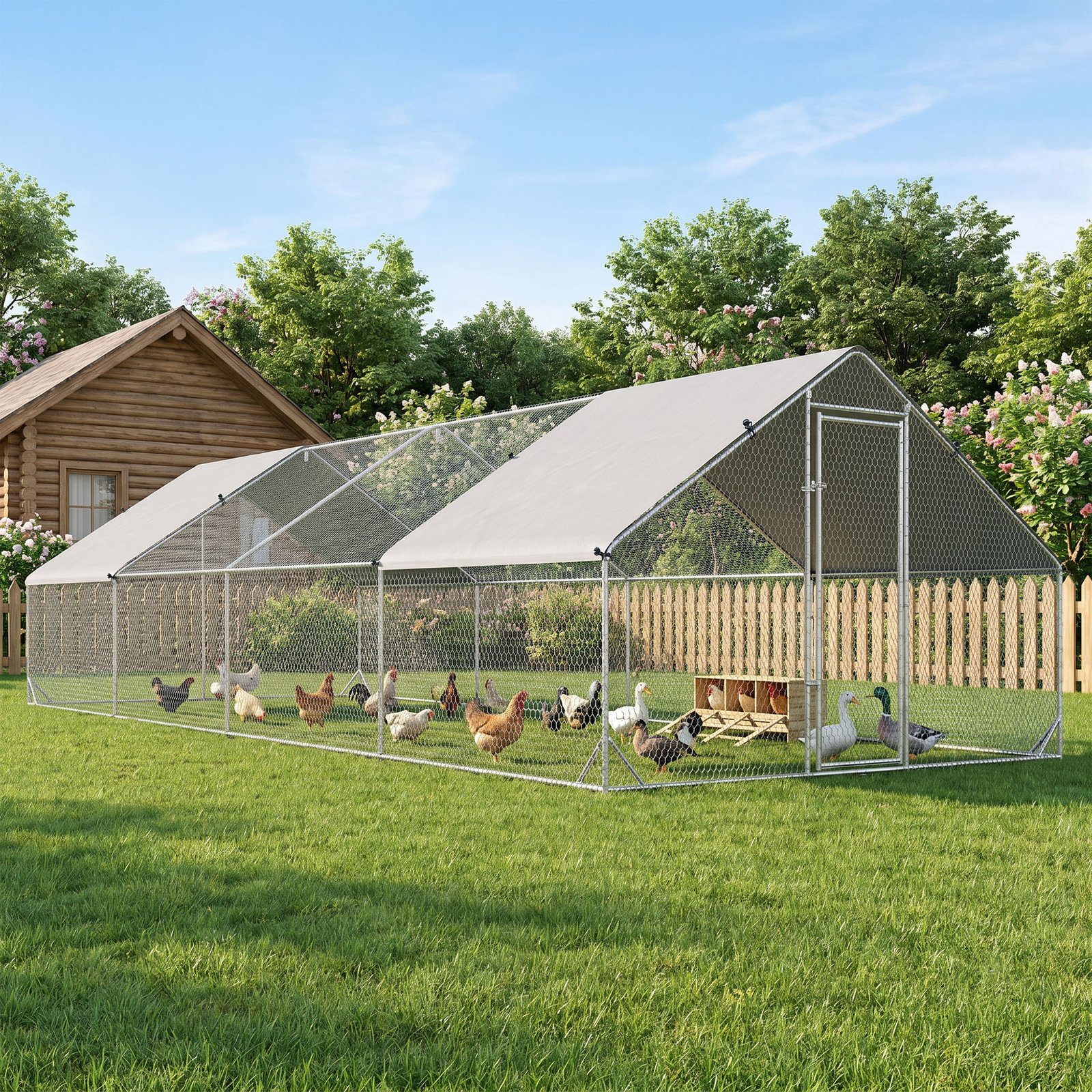 Chicken Run Galvanised Walk-in Chicken Coop Hen Poultry House Cage Rabbit Hutch with Weather-Resist Cover, 3 x 8 x 2m
