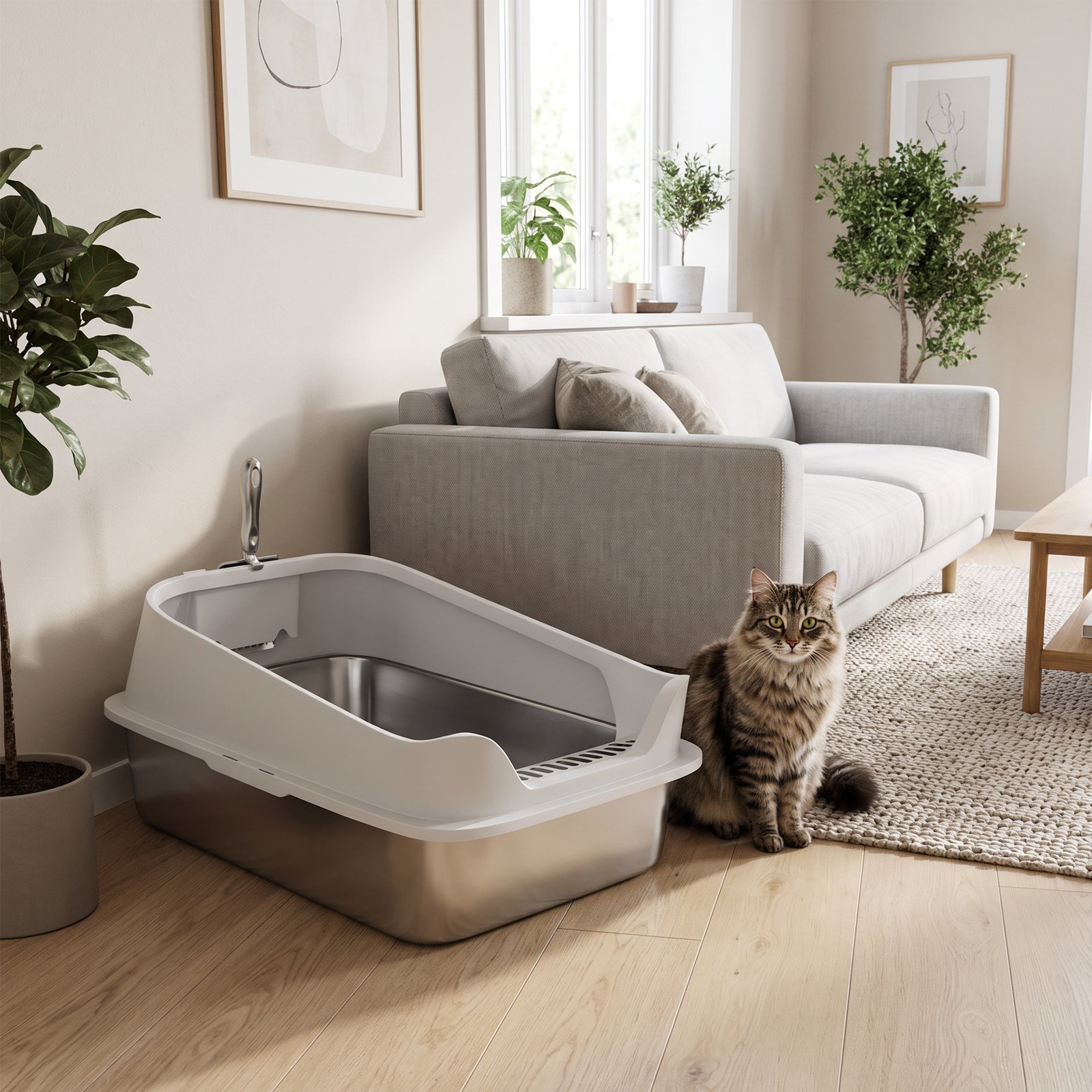 XL Stainless Steel Cat Litter Box with High Sides, Metal Scoop, 60 x 40 x 30 cm