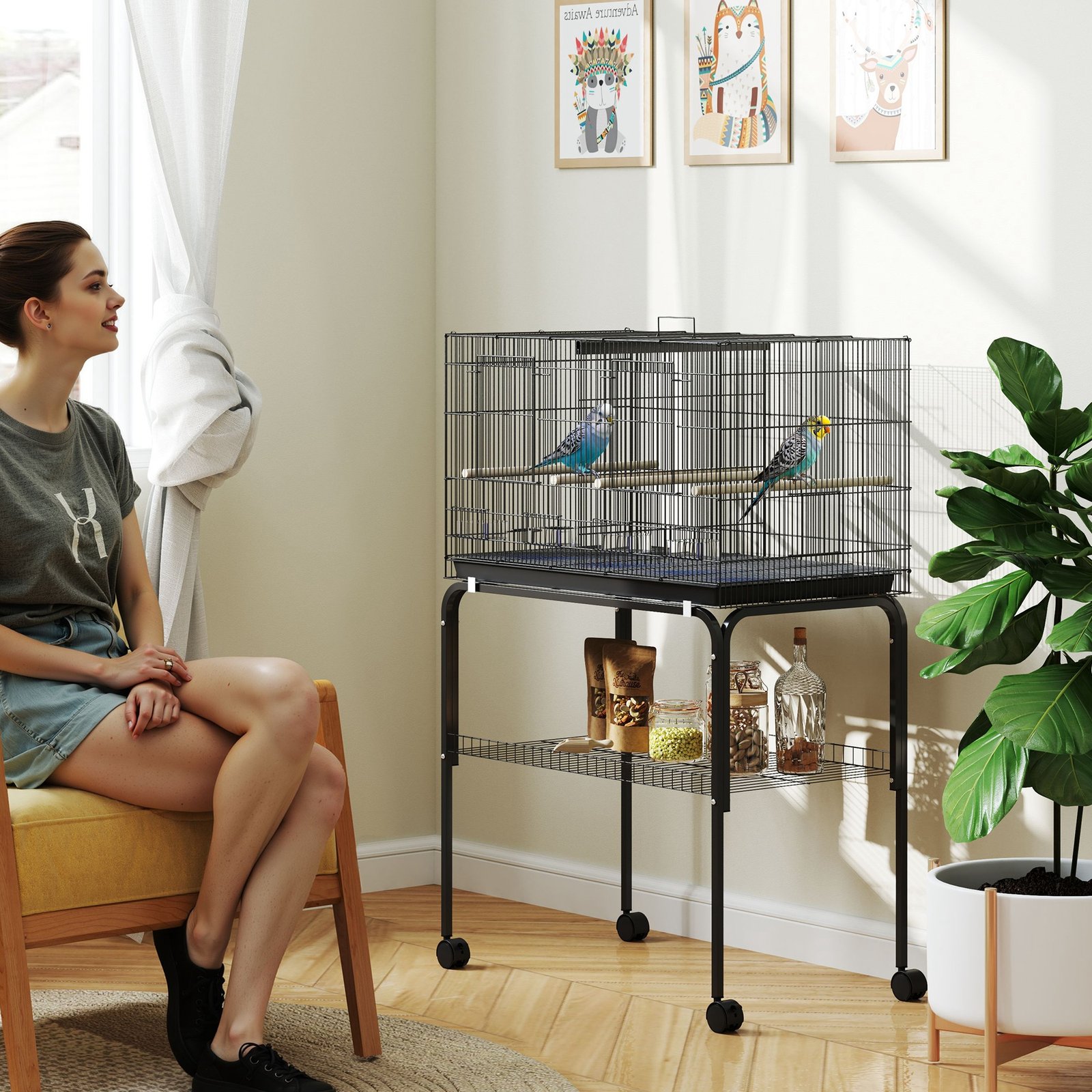 Bird Cage with Divider, 4 Wooden Perches, Slide Out Tray, 4 Feeders, for Budgie, Lovebird, Canary, 76 x 46 x 116cm Black - Image 9