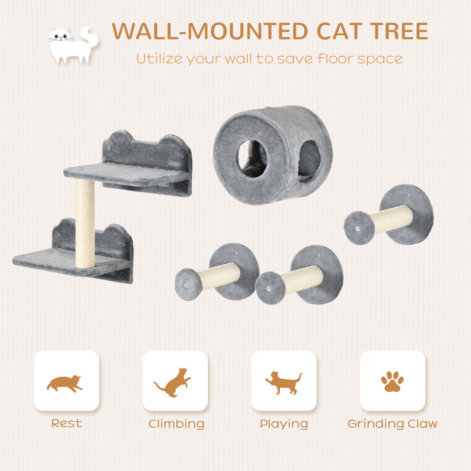 5PCs Cat Wall Furniture with Perch, Cat House, Scratching Post - Image 4