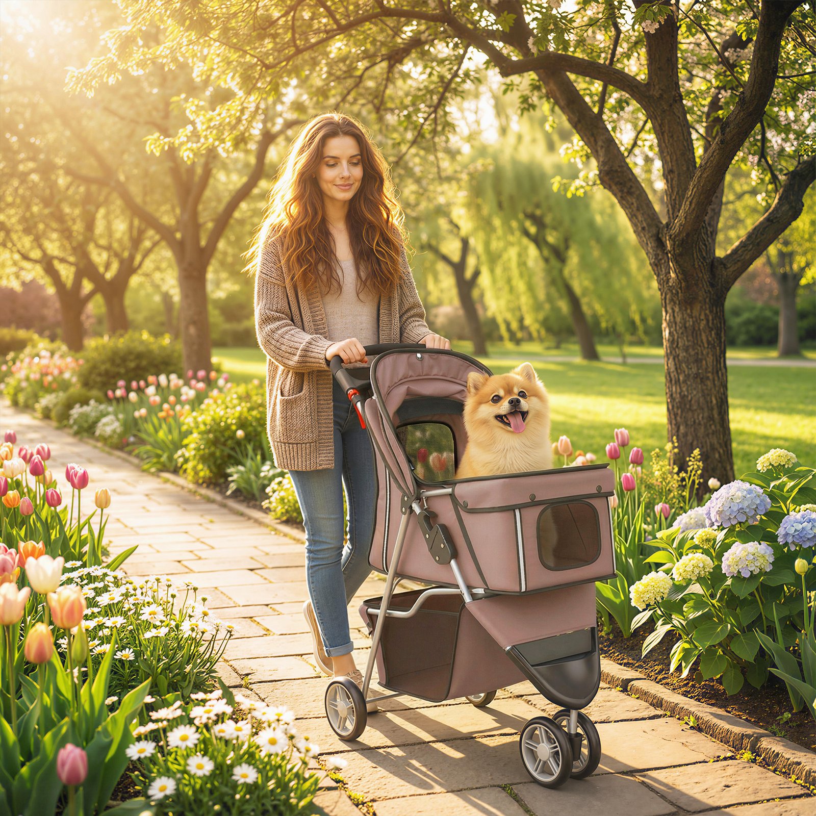 Dog Stroller, 3 Wheels Foldable Pet Stroller with Adjustable Canopy, Storage Basket for Small Mini Breeds, Coffee - Image 9