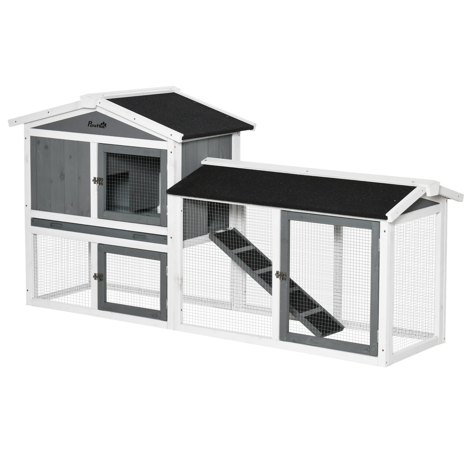 Rabbit Hutch Outdoor, 2-Tier Guinea Pig Hutch, Wooden Small Animal House with Rabbit Run Box, Slide-out Tray, Ramp, 175.8 x 52 x 85.5 cm, White