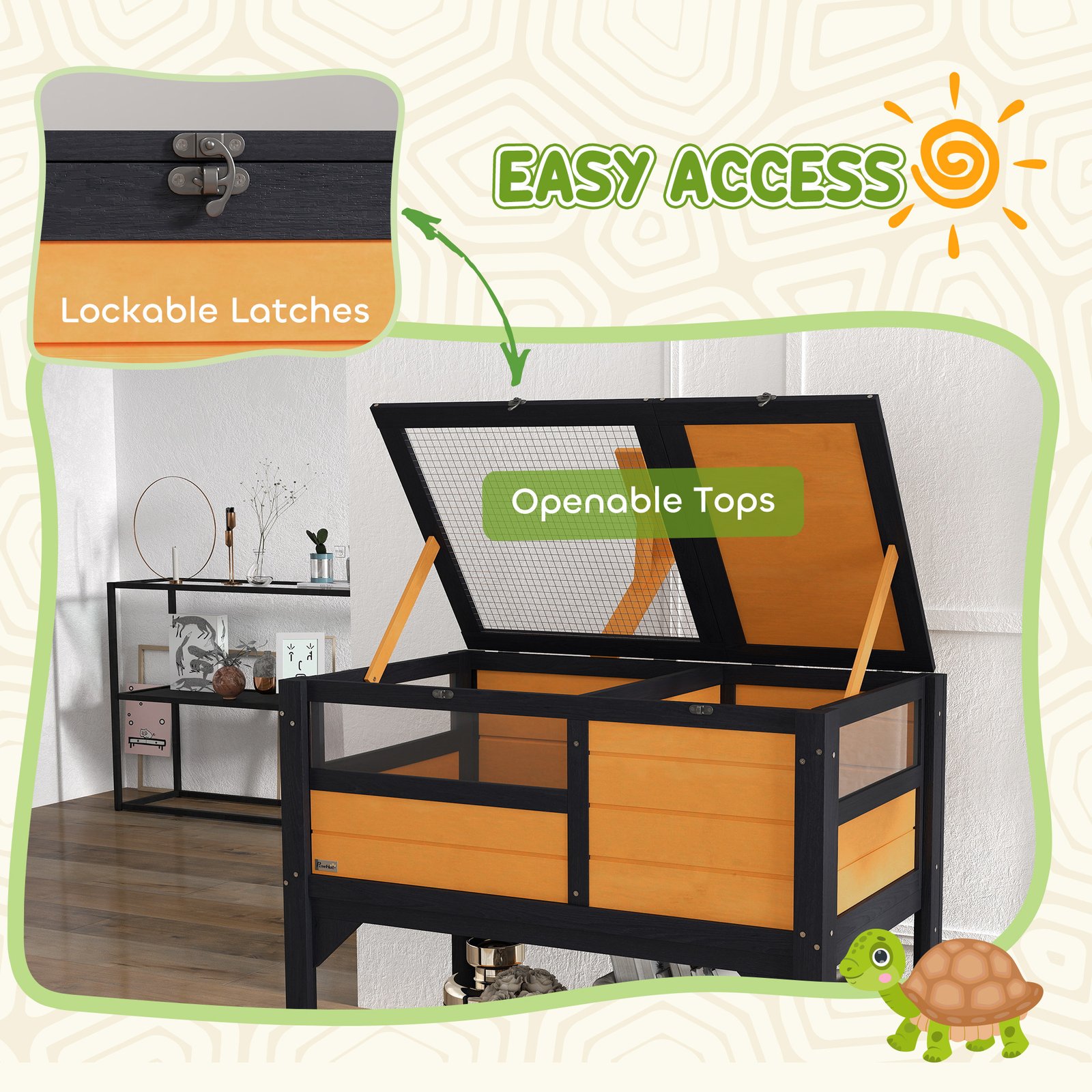 Wooden Tortoise House, with Shelter, Run, Shelf, Lamp Holder, Tray, Yellow