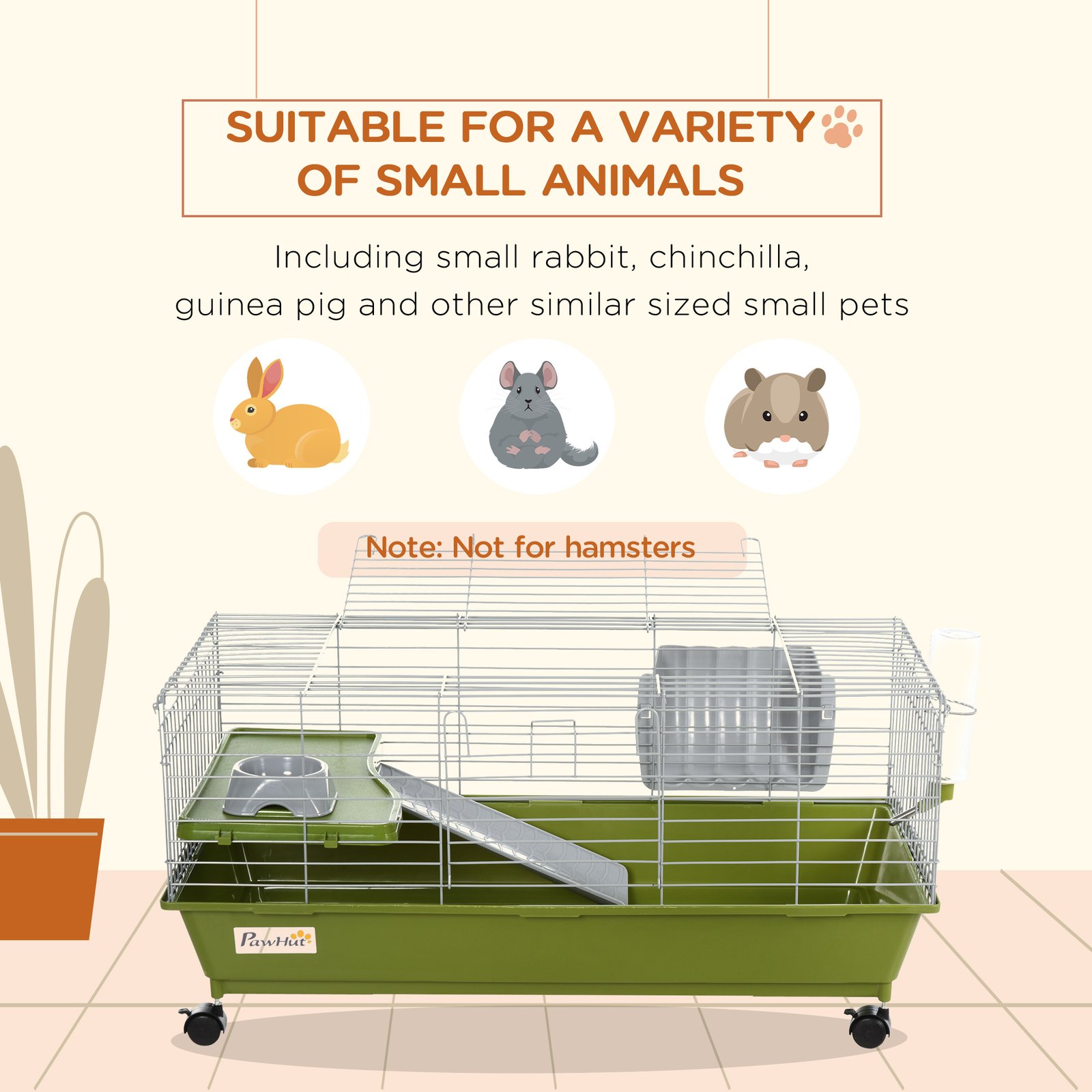 Small Animal Cage Rabbit Guinea Pigs Chinchillas Cage w/ Wheels Water Bottle Food Dish Platform Ramp 89 x 44 x 43 cm Green