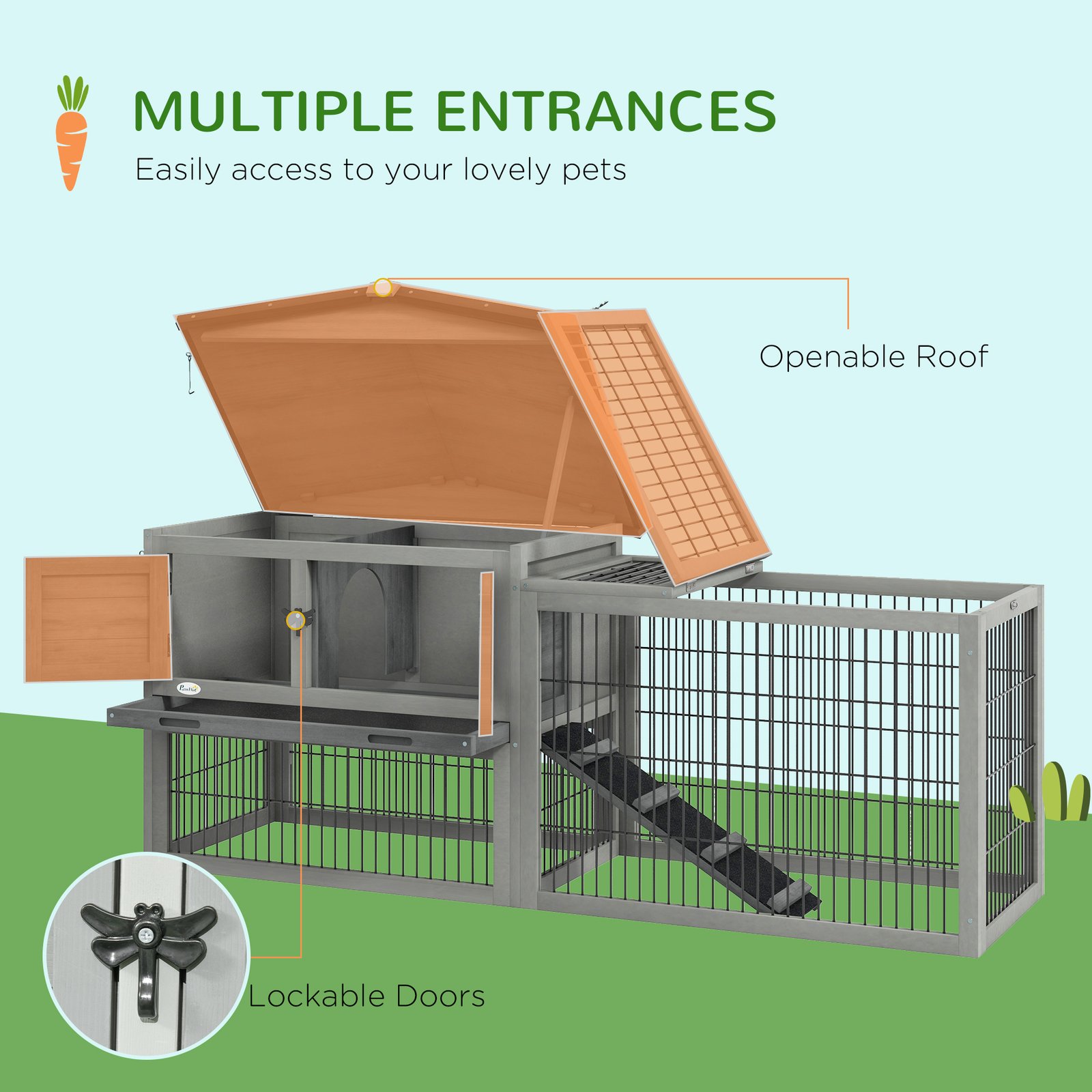 Wooden Rabbit Hutch with Outdoor Run Grey - Image 5