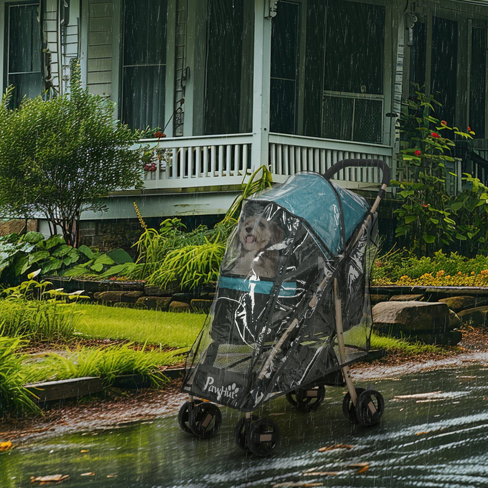 Pet Stroller for Small and Miniature Dogs, with Rain Cover - Dark Green - Image 9