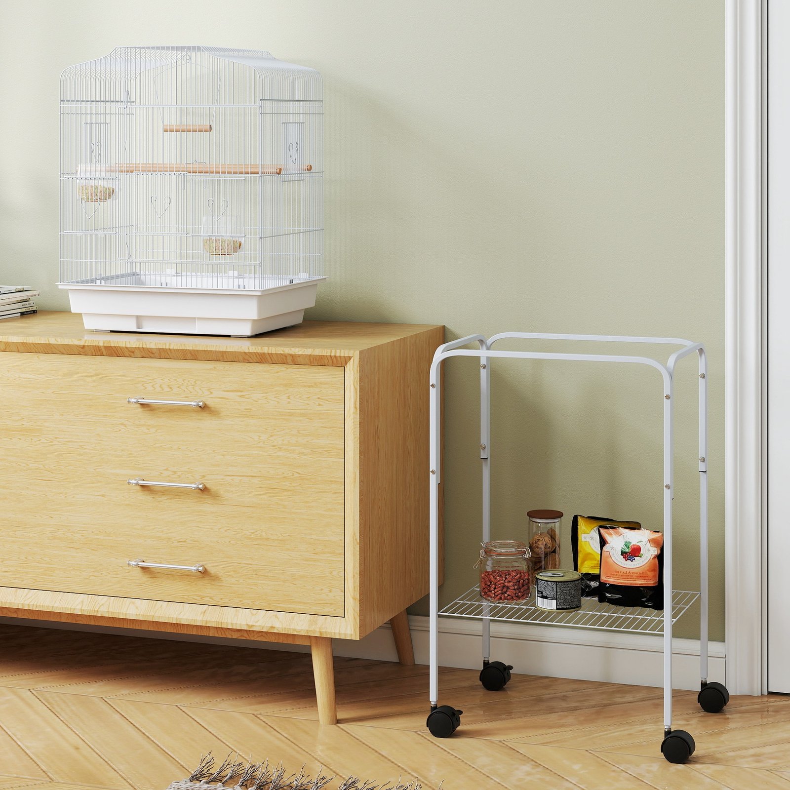 Bird Cage Budgie Cages for Finch Canary Parakeet with Stand Wheels Slide-out Tray Accessories Storage Shelf, White