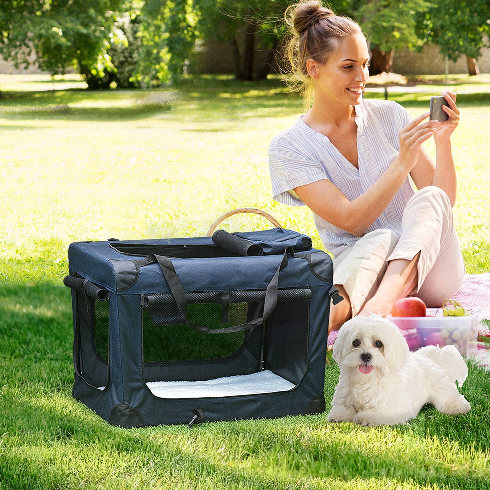 Foldable Pet Carrier for Small and Miniature Dogs, Portable Cat Carrier Soft Side Pet Travel Crate with Removable Mat, Storage Bags, Breathable Mesh 60 x 41.5 x 41cm - Dark Blue - Image 9