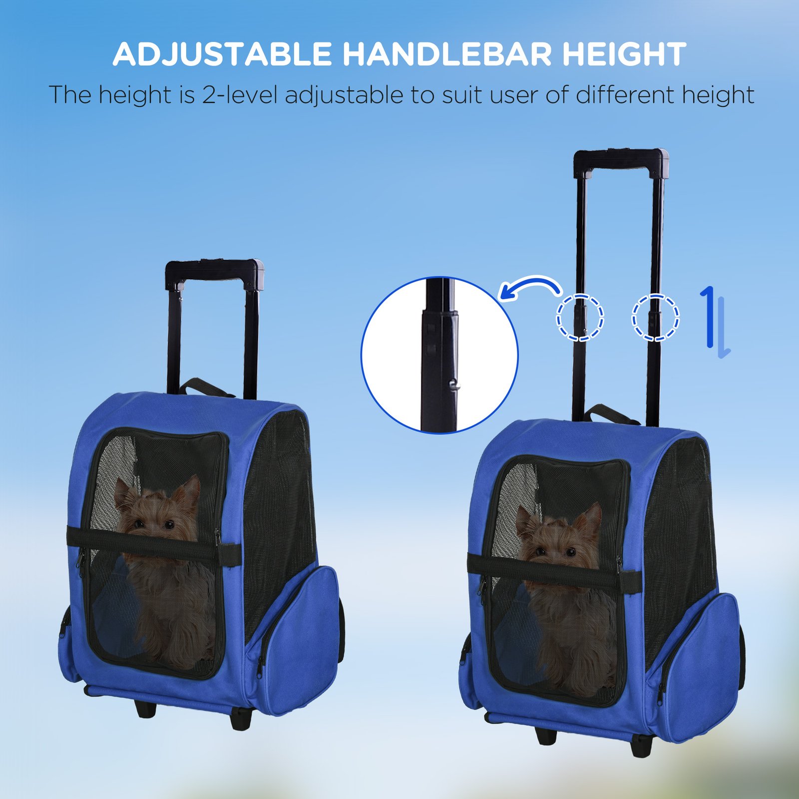 2 in 1 Dog Backpack and Trolley, Pet Travel Backpack Cat Dog Carrier with Telescopic Handle, Portable Pet Stroller Wheel Luggage Bag (Blue)