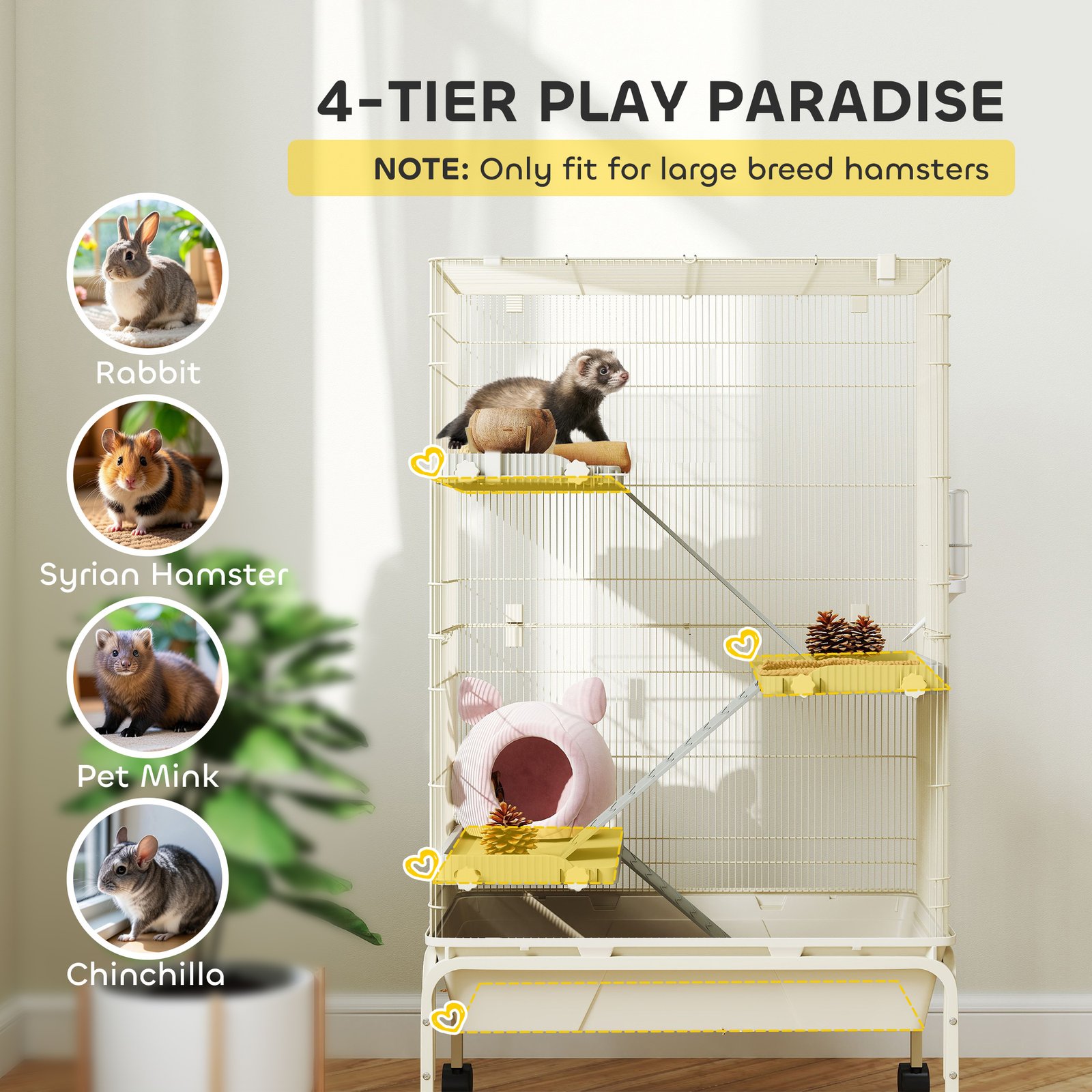 4-Level Rolling Small Animal Cage, Rabbit Cage with 3 Ramps, Water Bottle, Food Dish, 15cm Deep Tray, Beige - Image 4