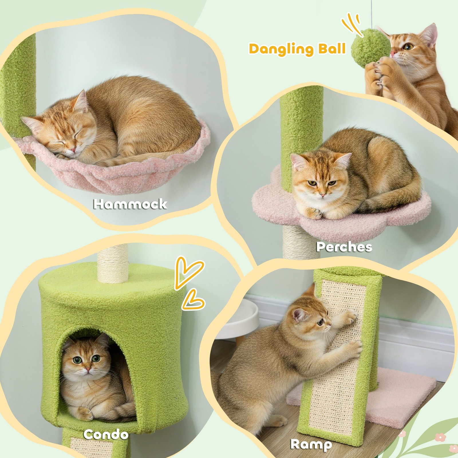 220-240 cm Floor to Ceiling Cat Tree Adjustable Height with Hammock, Condo, Scratching Posts, Green