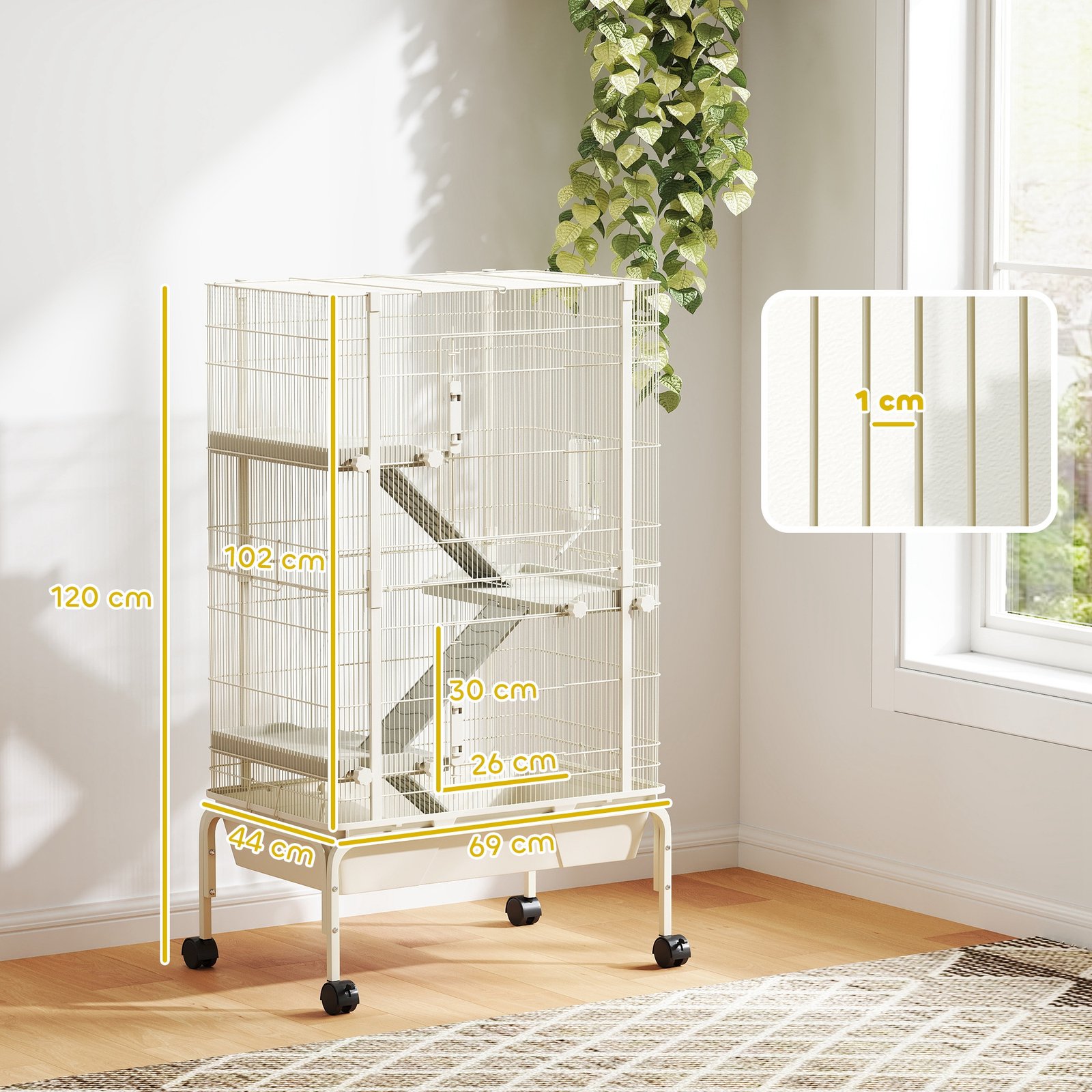 4-Level Rolling Small Animal Cage, Rabbit Cage with 3 Ramps, Water Bottle, Food Dish, 15cm Deep Tray, Beige - Image 3