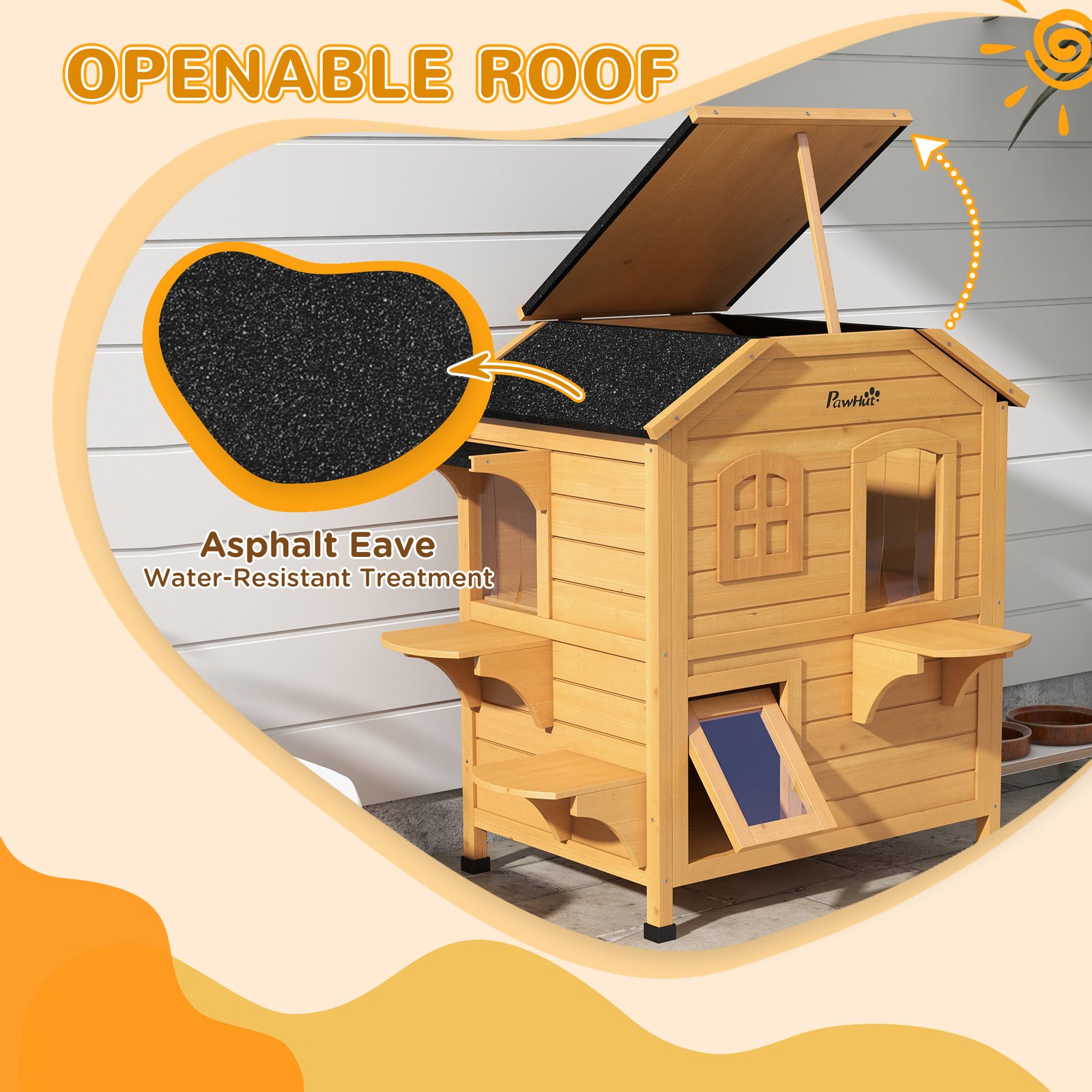  2-story Cat House Outdoor, Weatherproof Wooden Cat Enclosure with Openable Roof, Jumping Platforms, Natural Wood Finish