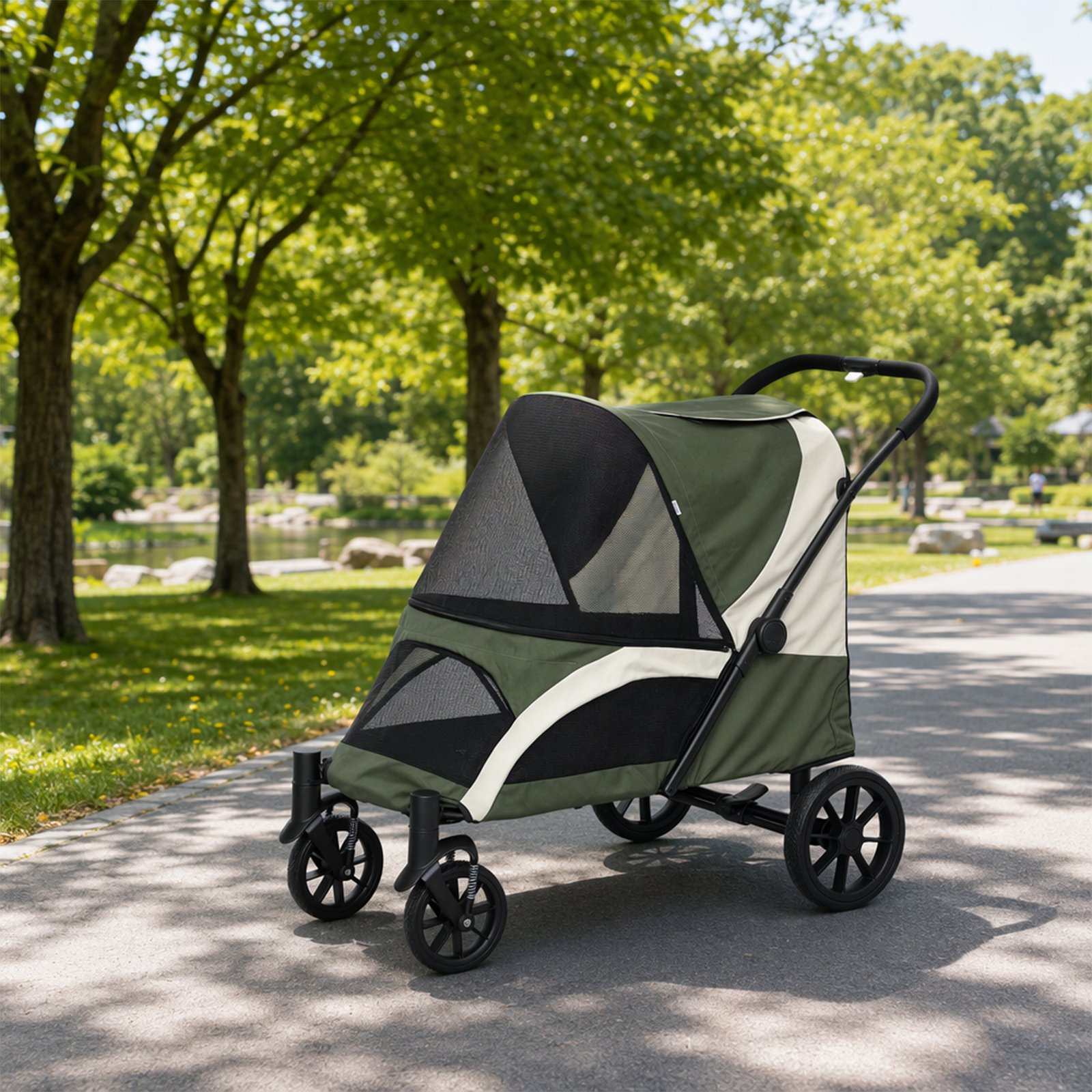 Foldable Pet Stroller for Medium Dogs with Four Big Wheels, Shock-Absorbing Frame, Safety Leashes, Brakes, Dark Green