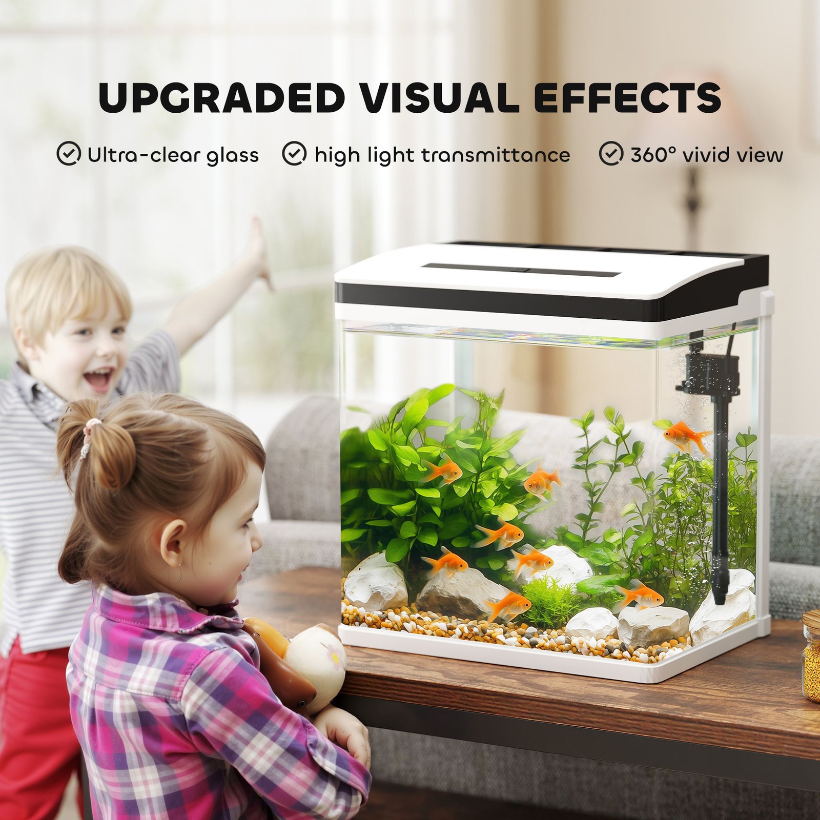 28L Glass Aquarium Fish Tank with Filter, LED Lighting, for Betta, Guppy, Mini Parrot Fish, Shrimp, 38 x 26 x 39.5cm