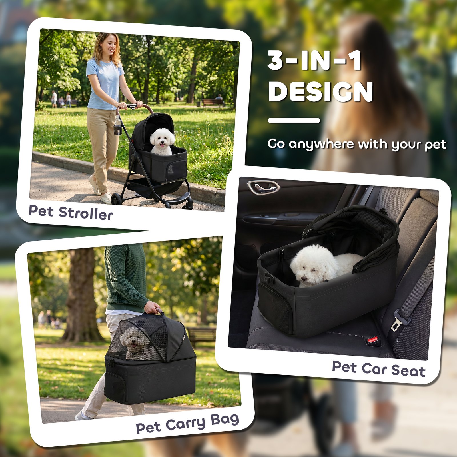 Dog Stroller, 3 in 1 Foldable Pet Stroller for Small Puppy Cat with Detachable Travel Carrier, Storage Basket, Black - Image 6