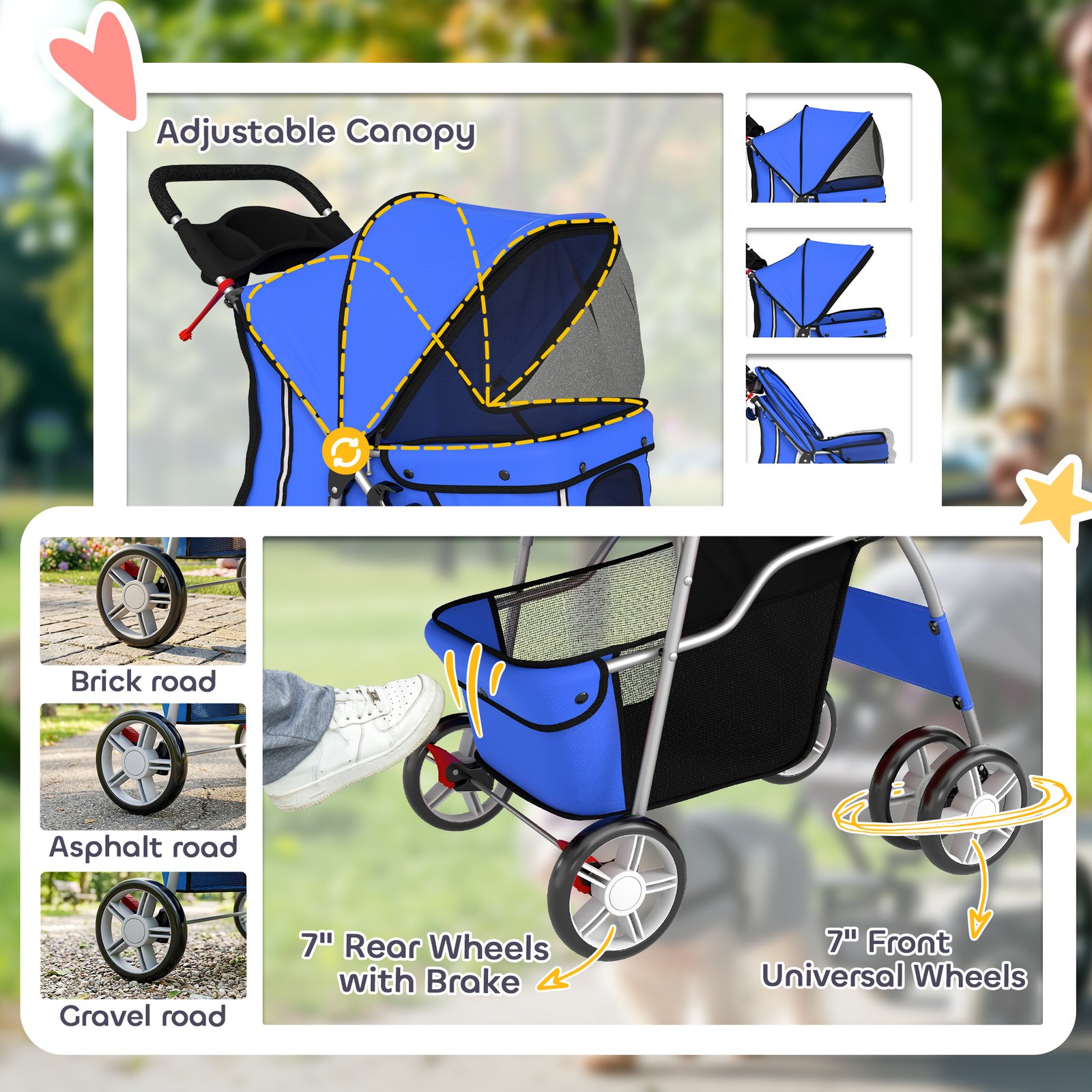 Dog Pram, Pet Stroller with Reflective Strips, Foldable Cat Stroller with 360° Swivel Wheels, Blue