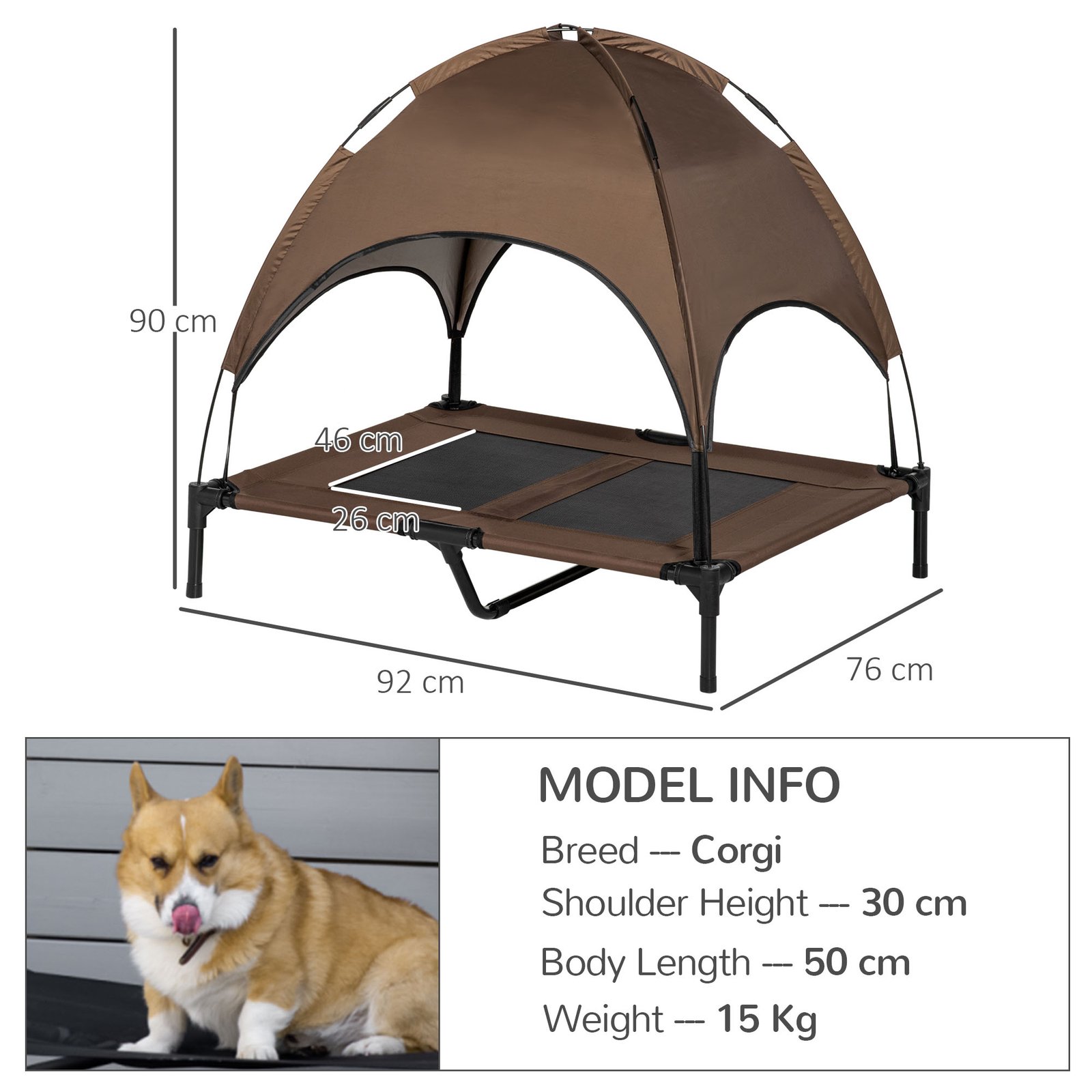Outdoor Dog Bed with Removable Canopy, Portable Raised Dog Bed for Camping, Garden & Beach, Water-Resistant UV-Protection Mesh Pet Cot Sun Lounger, for Large Pets, 92 x 76 x 90 cm, Brown