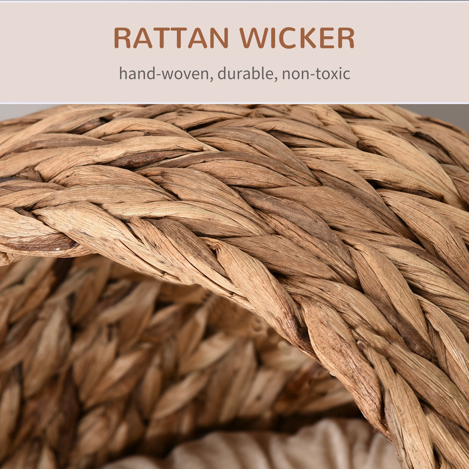 Wicker Cat Bed, Raised Rattan Cat Basket with Cylindrical Base, Soft Washable Cushion, 40 x 37 x 51 cm - Brown - Image 5