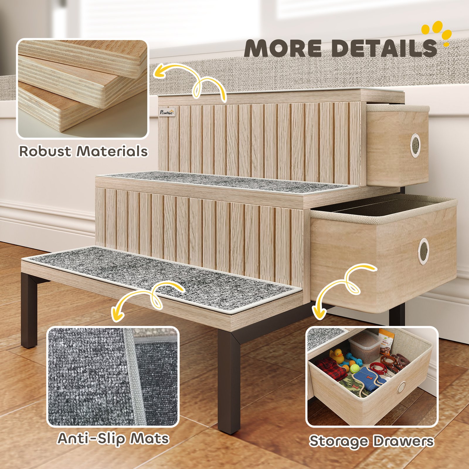 Dog Stairs with Storage, Non-Slip Cover, Pet Steps for Small Dogs & Older Cats, for Sofa, High Bed, Oak Tone - Image 7
