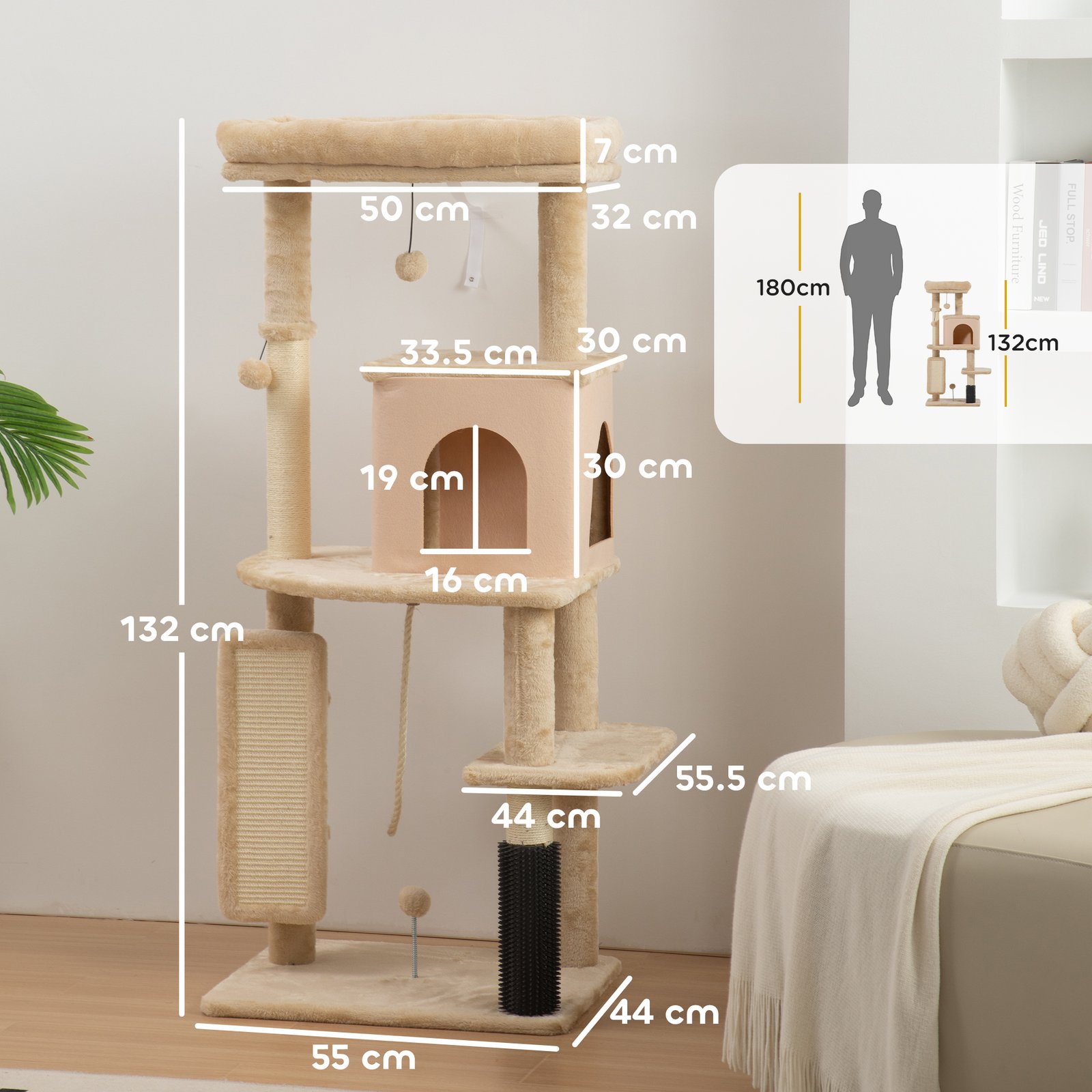 132cm Cat Tree w/ Scratching Posts, Pad, Cat Bed, Cat House, Jumping Platform, Grooming Brush, Anti-Tip Kit, Beige