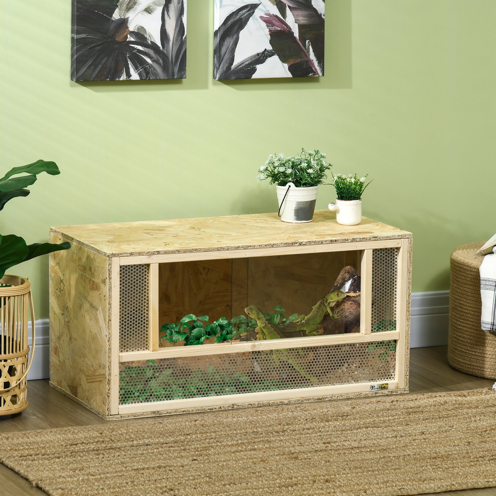 Reptile Terrarium Vivarium Habitat w/ Transparent Sliding Doors, Breathable Mesh, for Lizards, Horned Frogs, Snakes and Chameleons, 80 x 40 x 40 cm