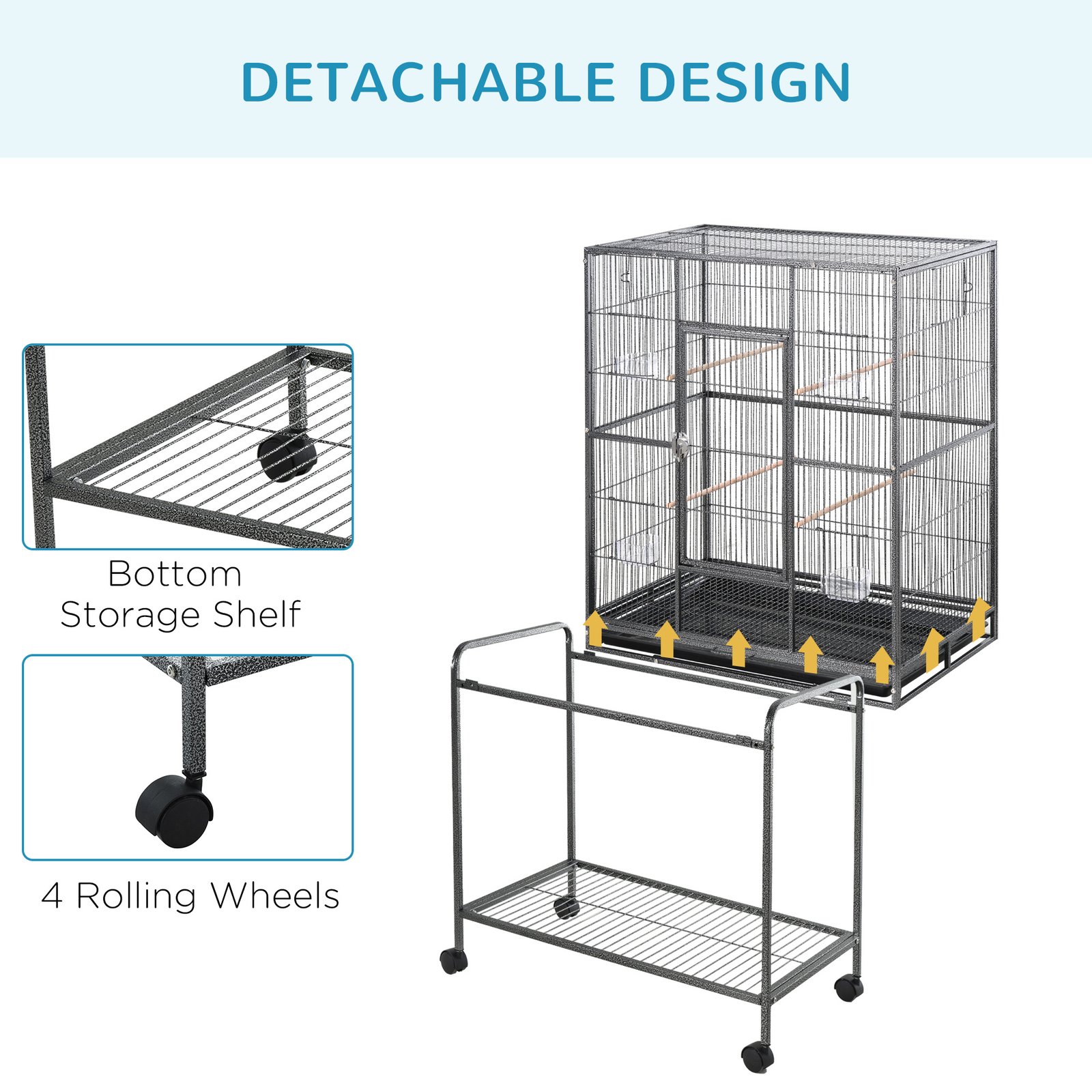 Large Bird Cage Budgie Cage with Stand, Storage Shelf, Wood Perch for Parrot, 81 x 48 x 162.5 cm, Black