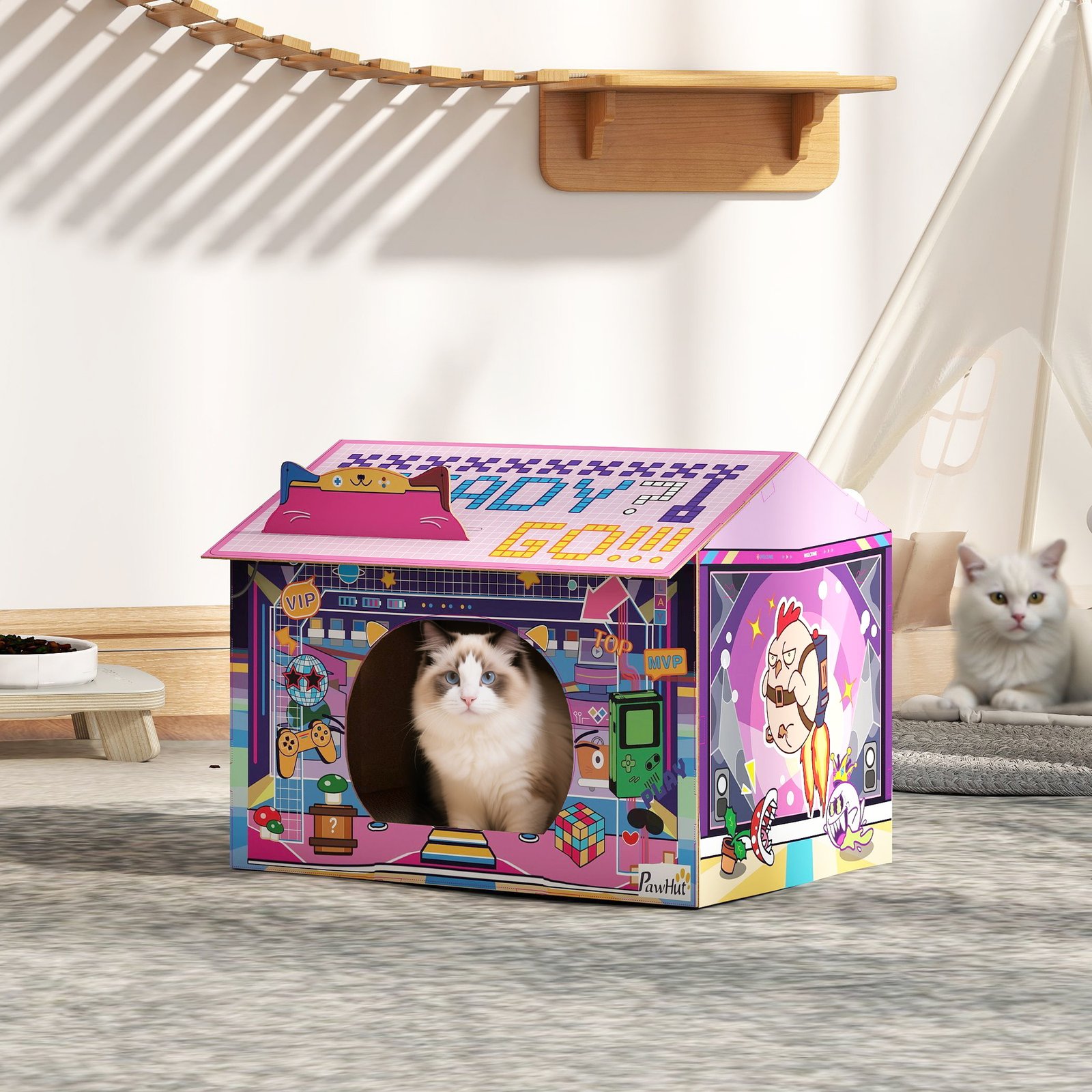 2 in 1 Gaming Style Cardboard Cat House with Scratching Board & Catnip for Indoor Cats, Pink
