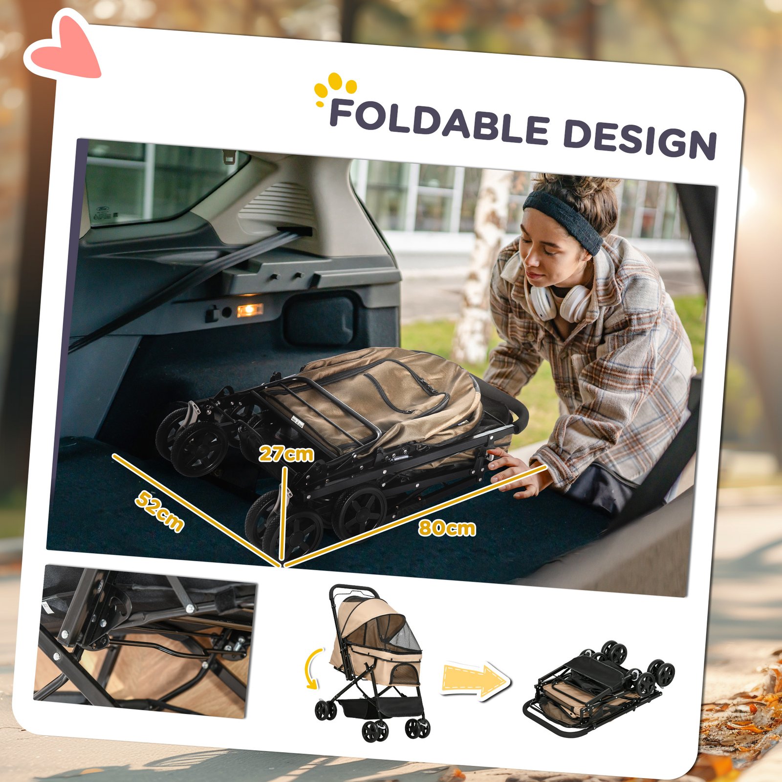 Pet Stroller Pushchair Foldable Travel Dog Cat Carriage w/ Reversible Handle Brake Basket - Image 5