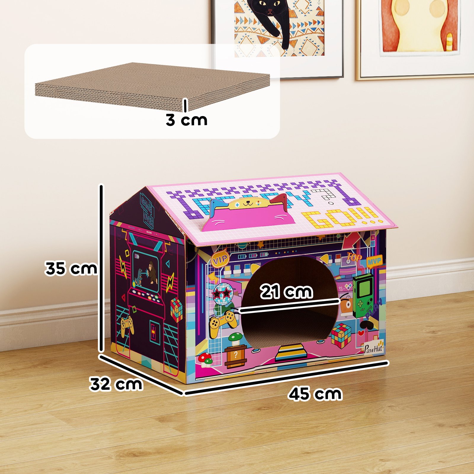 2 in 1 Gaming Style Cardboard Cat House with Scratching Board & Catnip for Indoor Cats, Pink