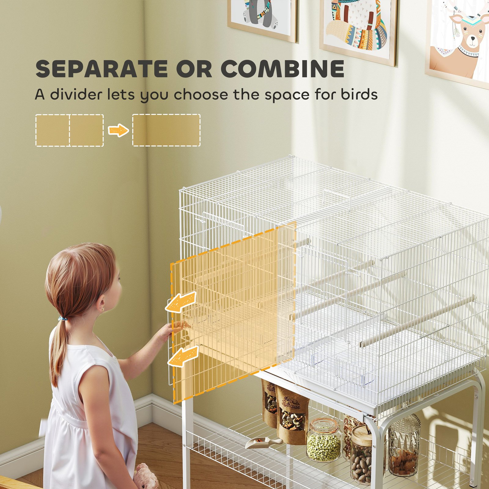 Bird Cage with Divider, 4 Wooden Perches, Slide Out Tray, 4 Feeders, for Budgie, Lovebird, Canary, 76 x 46 x 116cm White - Image 4
