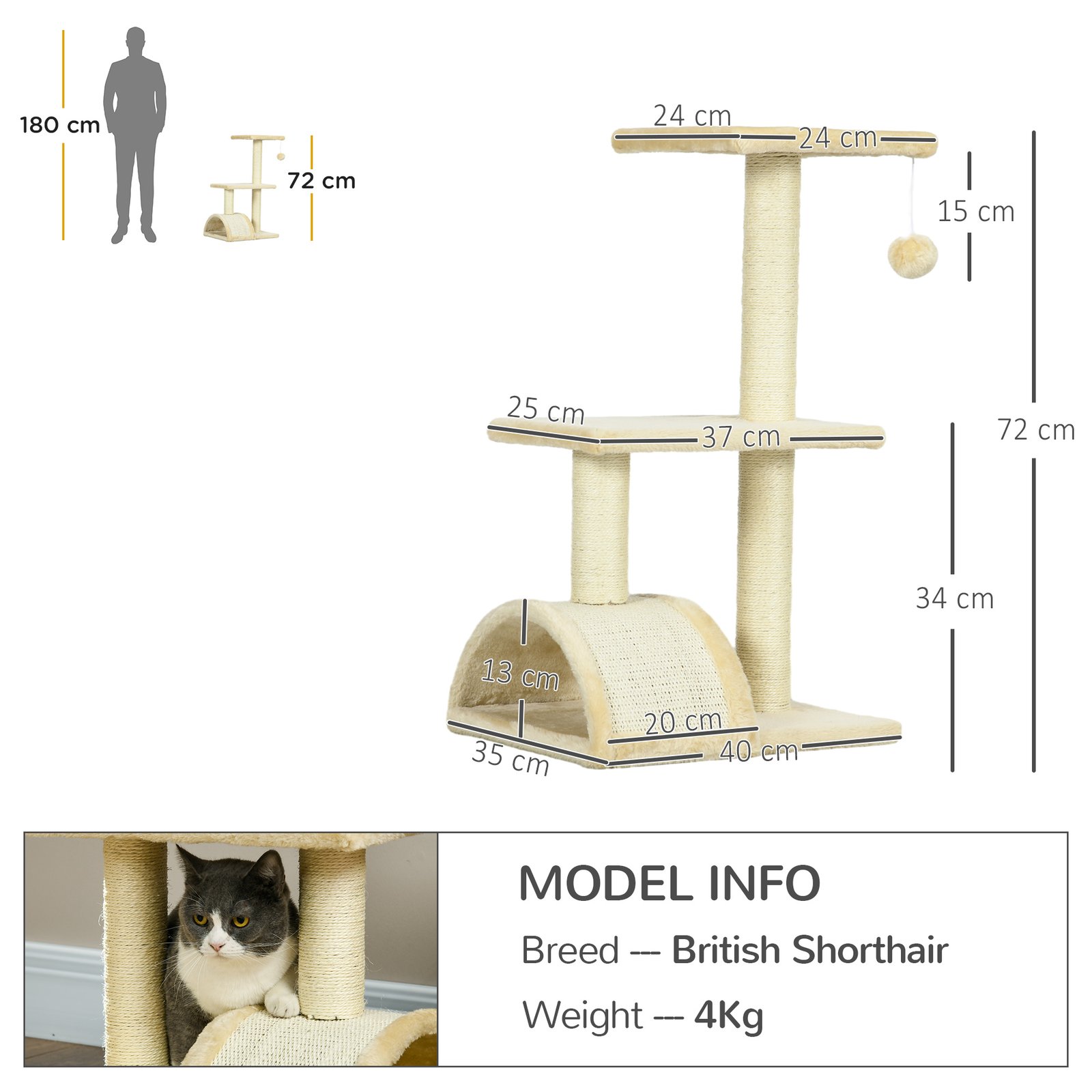 72cm Cat Tree with Scratching Post, Pad for Indoor Cats - Cream White - Image 3