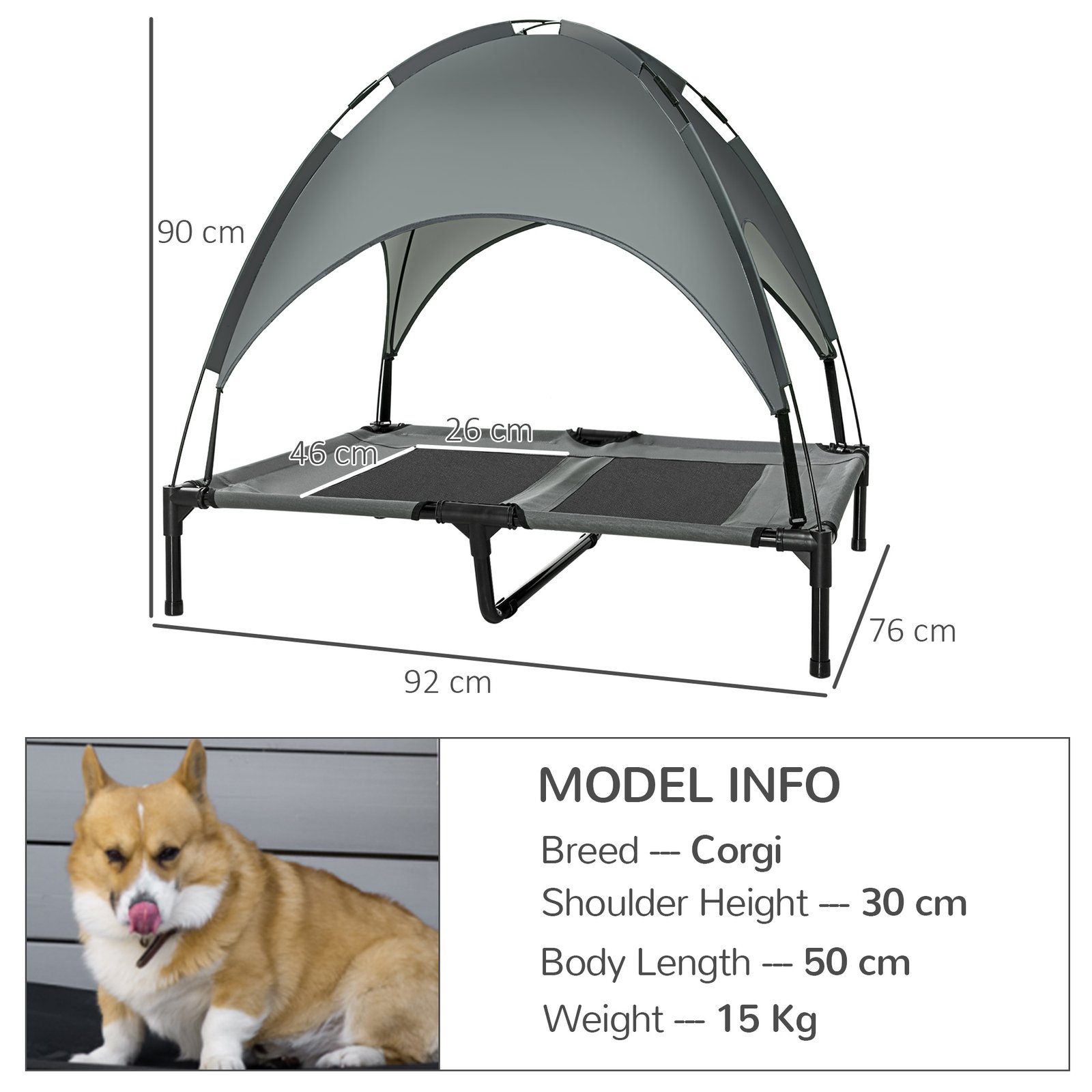 Outdoor Dog Bed with Removable Canopy, Portable Raised Dog Bed for Camping, Garden & Beach, Water-Resistant UV-Protection Mesh Pet Cot Sun Lounger, for Large Pets, 92 x 76 x 90 cm, Grey